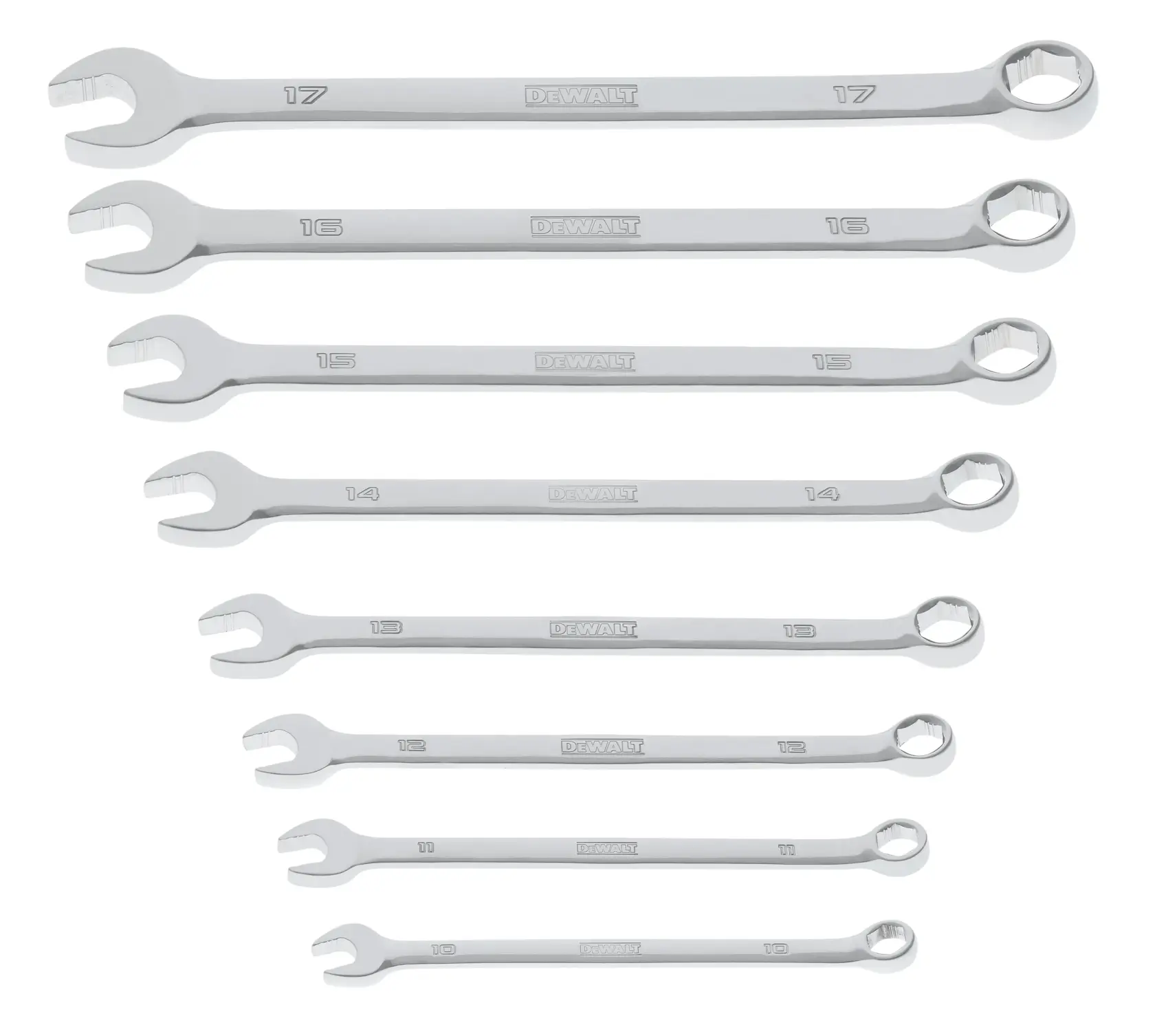 A set of eight DEWALT combination wrenches arranged in a row, ranging in size from 8 to 17 millimeters. Each wrench has an open-end and a box-end.