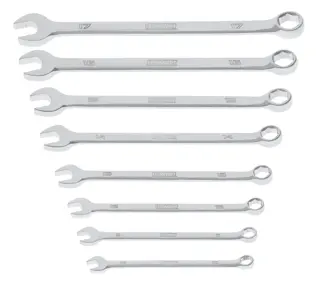 A set of eight DEWALT combination wrenches arranged in a row, ranging in size from 8 to 17 millimeters. Each wrench has an open-end and a box-end.