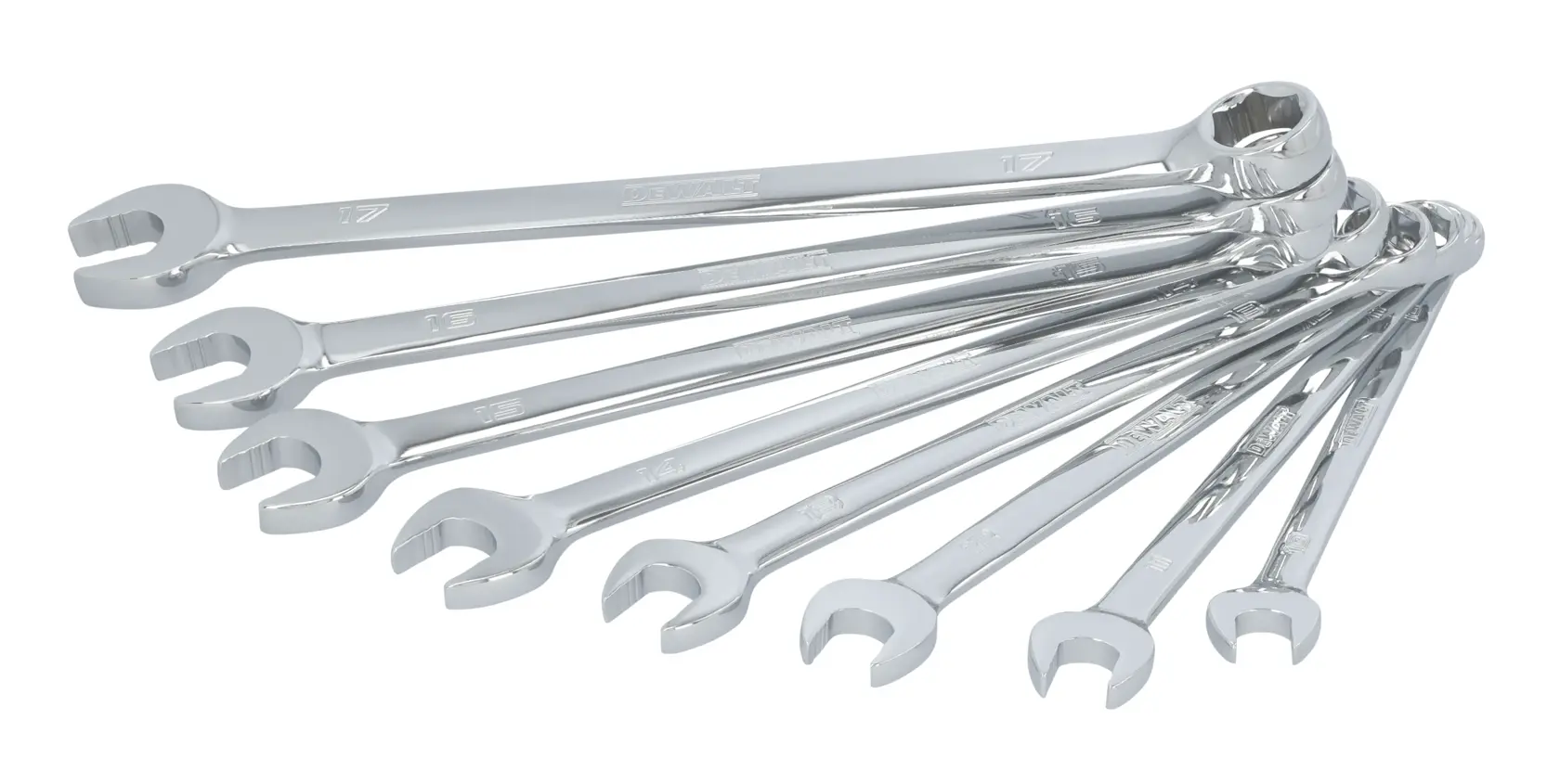 A set of nine chrome combination wrenches arranged in a fan shape. Each wrench has an open end and a box end, with the tools varying in size.