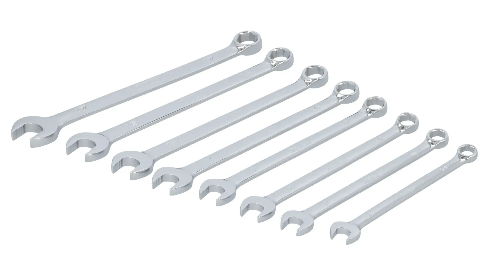 A set of eight polished combination wrenches arranged in a row by size, with open and box ends, displayed on a white background.