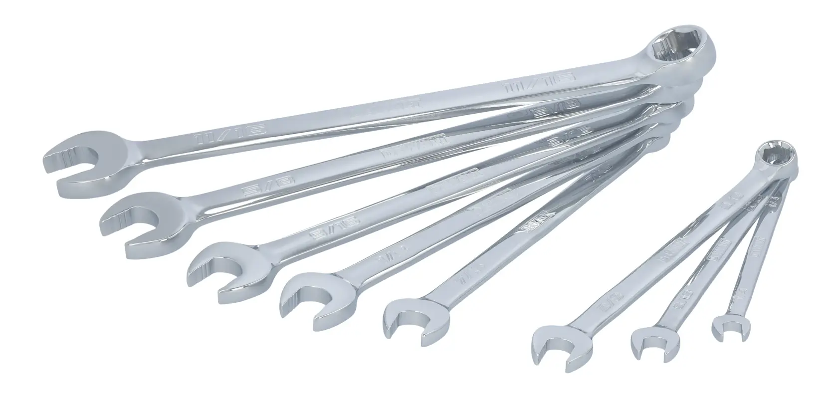 A set of eight silver combination wrenches arranged in a fan shape on a white background. The wrenches have open ends and box ends, each with different sizes.
