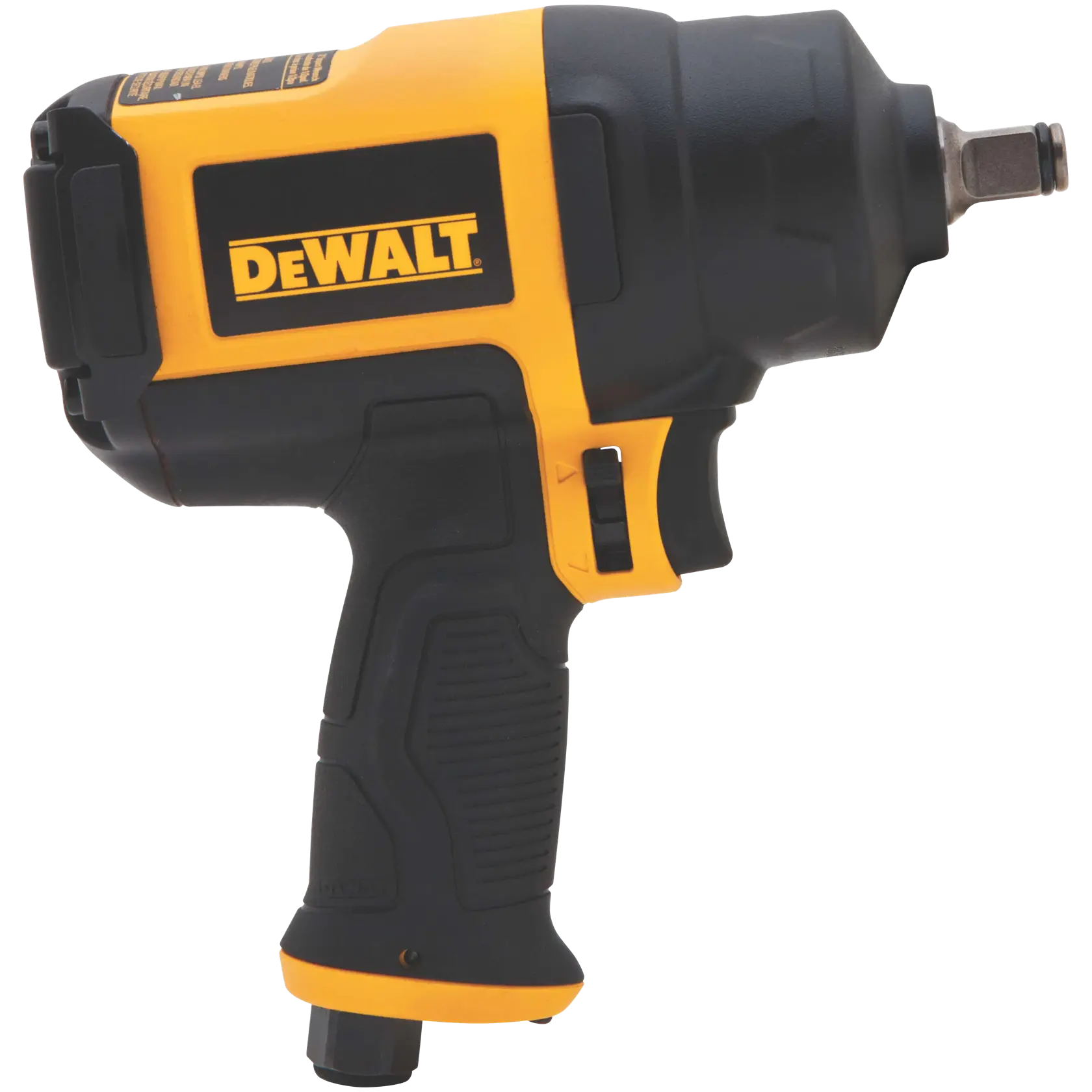 Side view of DEWALT half inch heavy duty drive impact wrench.