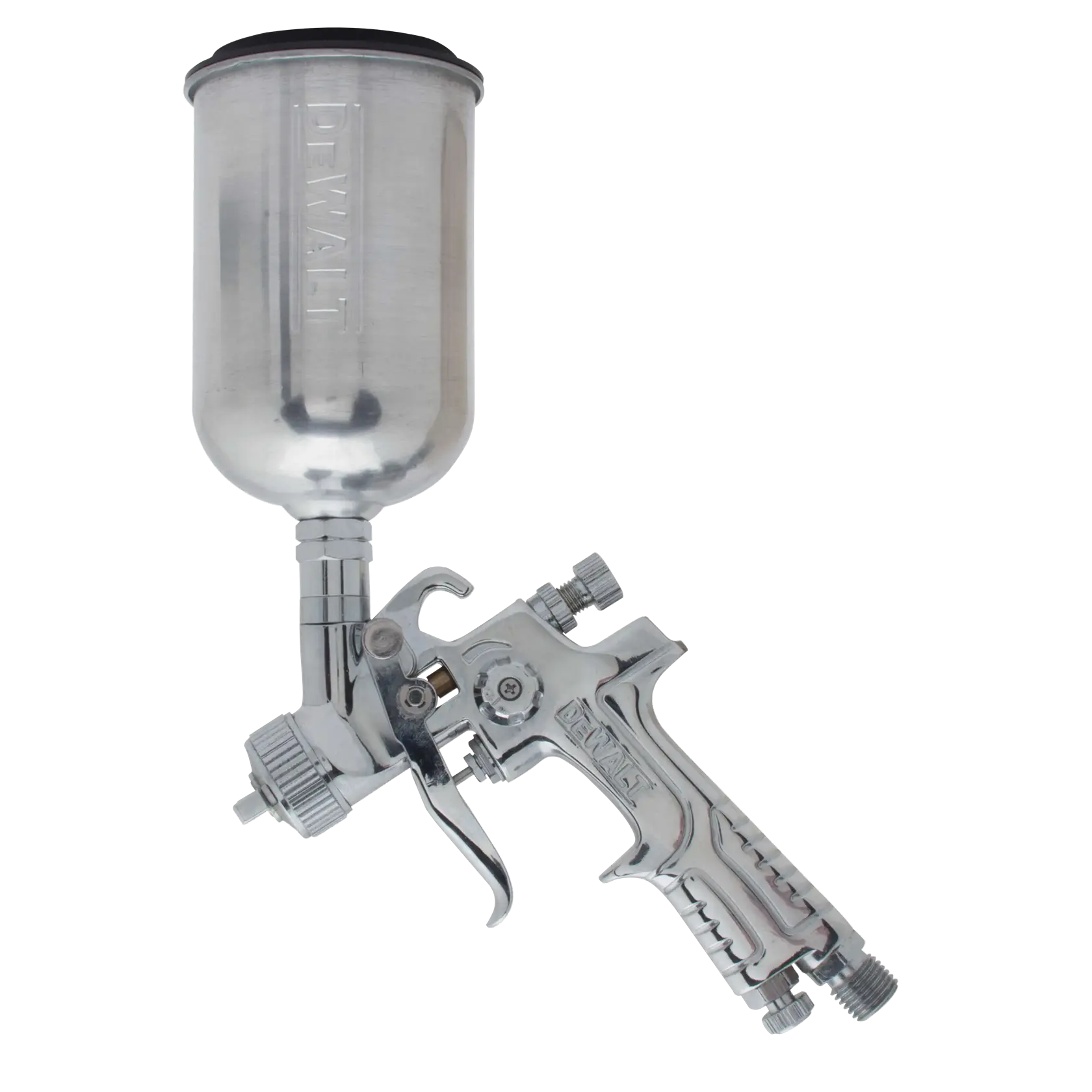 A DEWALT DWMT70778 professional spray gun with a metal paint cup, used for photography or paint application, shown isolated on a white background.