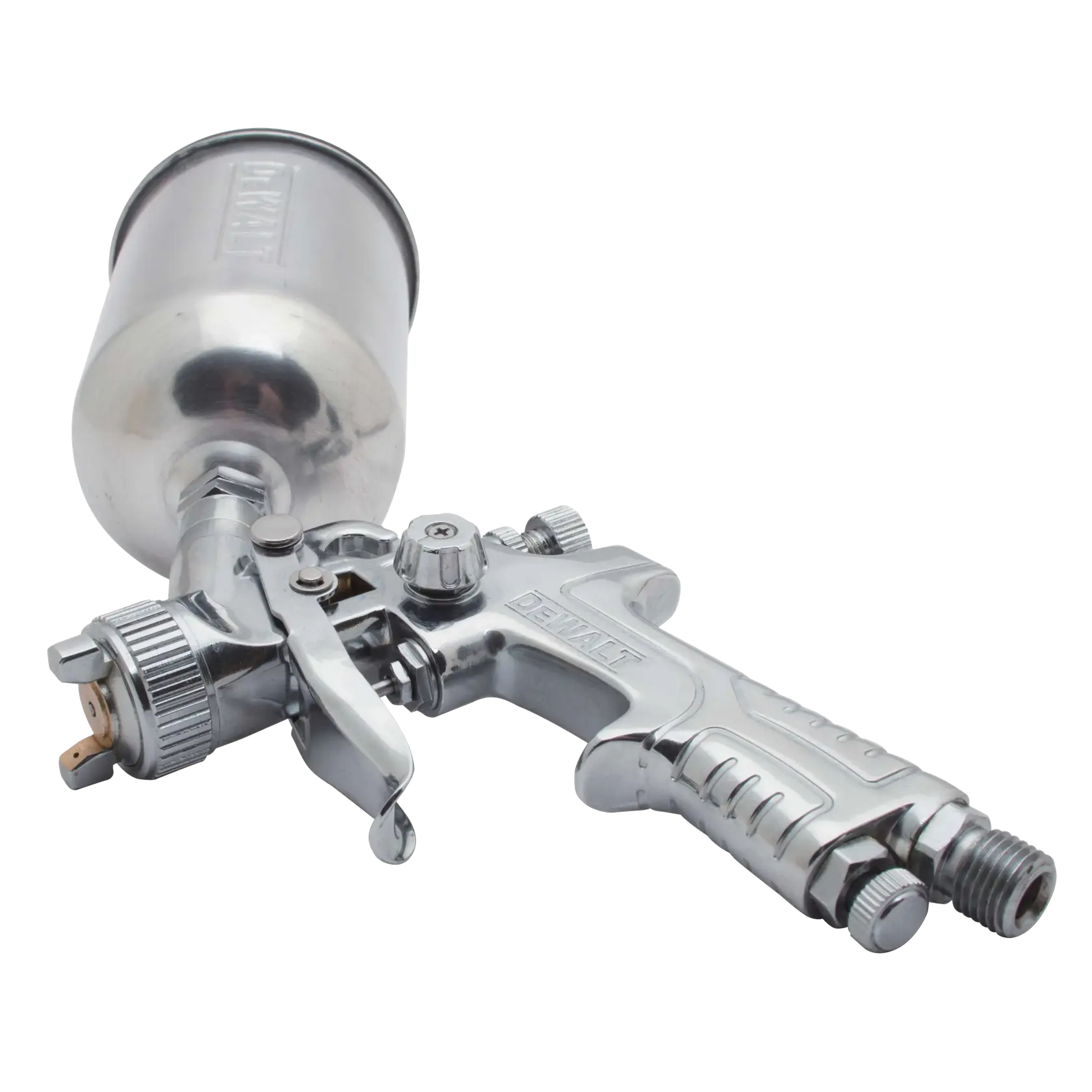 A DEWALT branded metallic spray gun with a large upper paint reservoir, designed for professional painting applications.