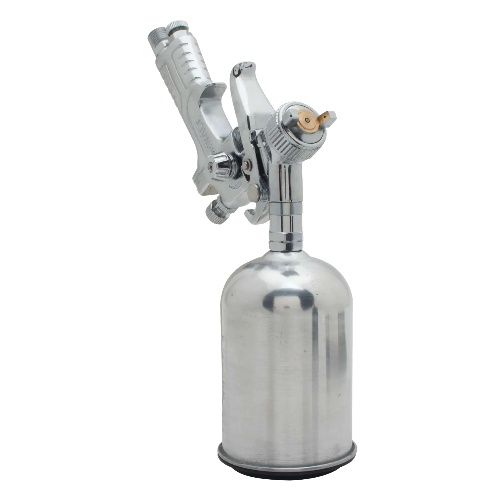 A DEWALT DWMT70778 professional spray gun with a metallic canister, designed for photography and various applications. The spray gun features a trigger, nozzle, and adjustment knobs, with a polished silver finish.