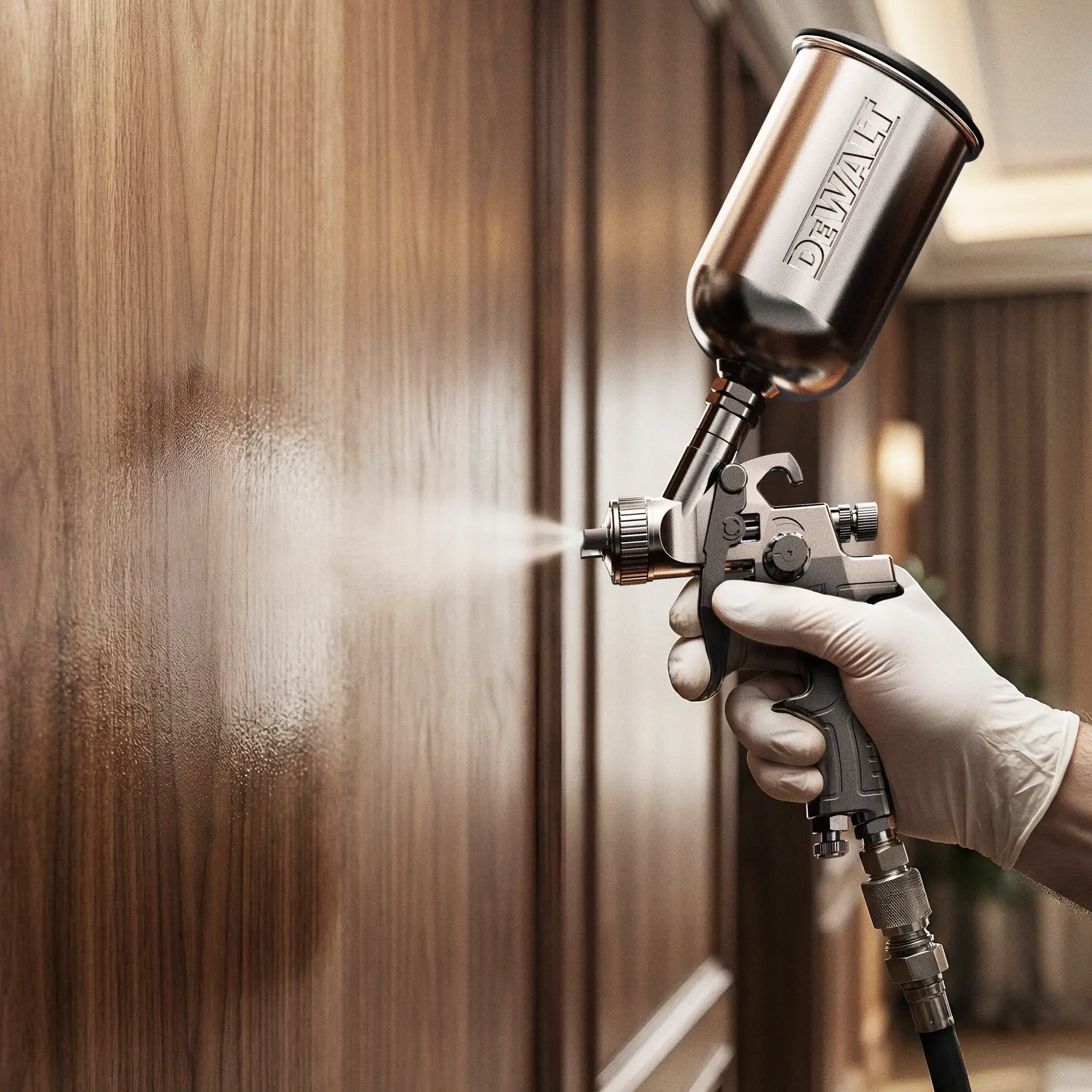 A person wearing a white glove uses a DEWALT branded spray gun to apply a finish on a wooden wall.