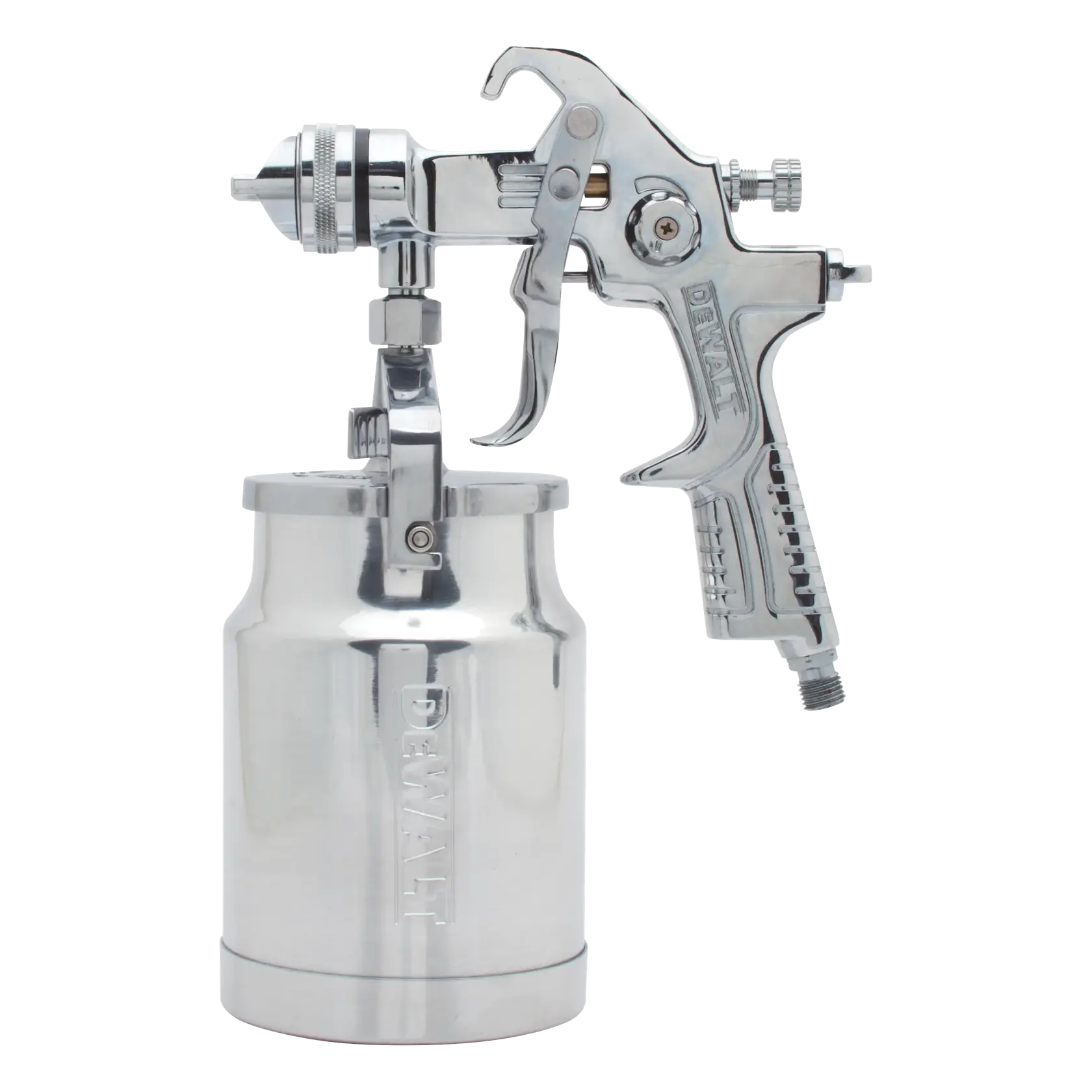A silver DEWALT spray gun, showing a trigger handle, adjustable nozzle, and attached paint container. The tool is clean and designed for professional painting applications.