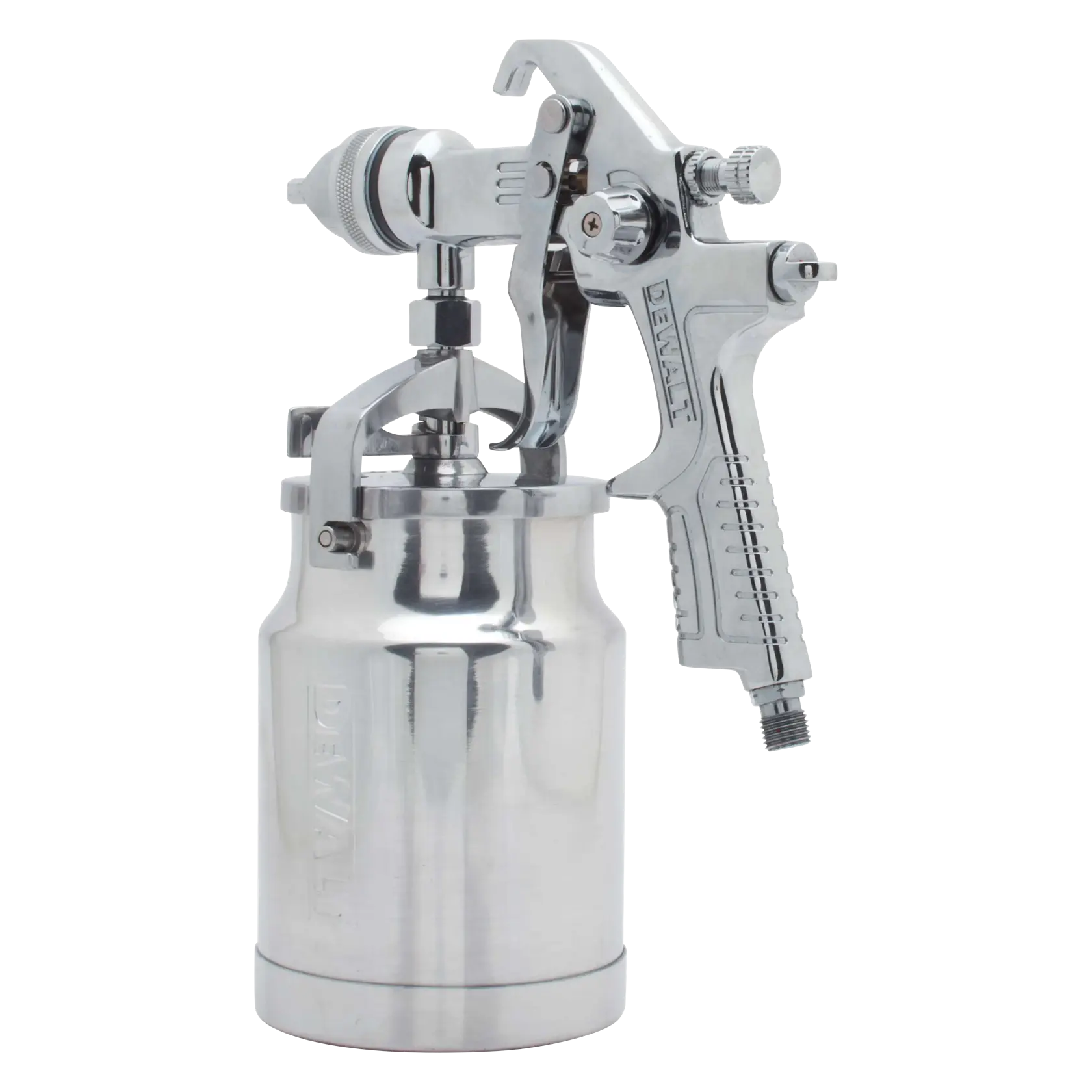 A silver metallic DEWALT spray gun with a trigger handle and attached paint container, designed for professional painting applications.