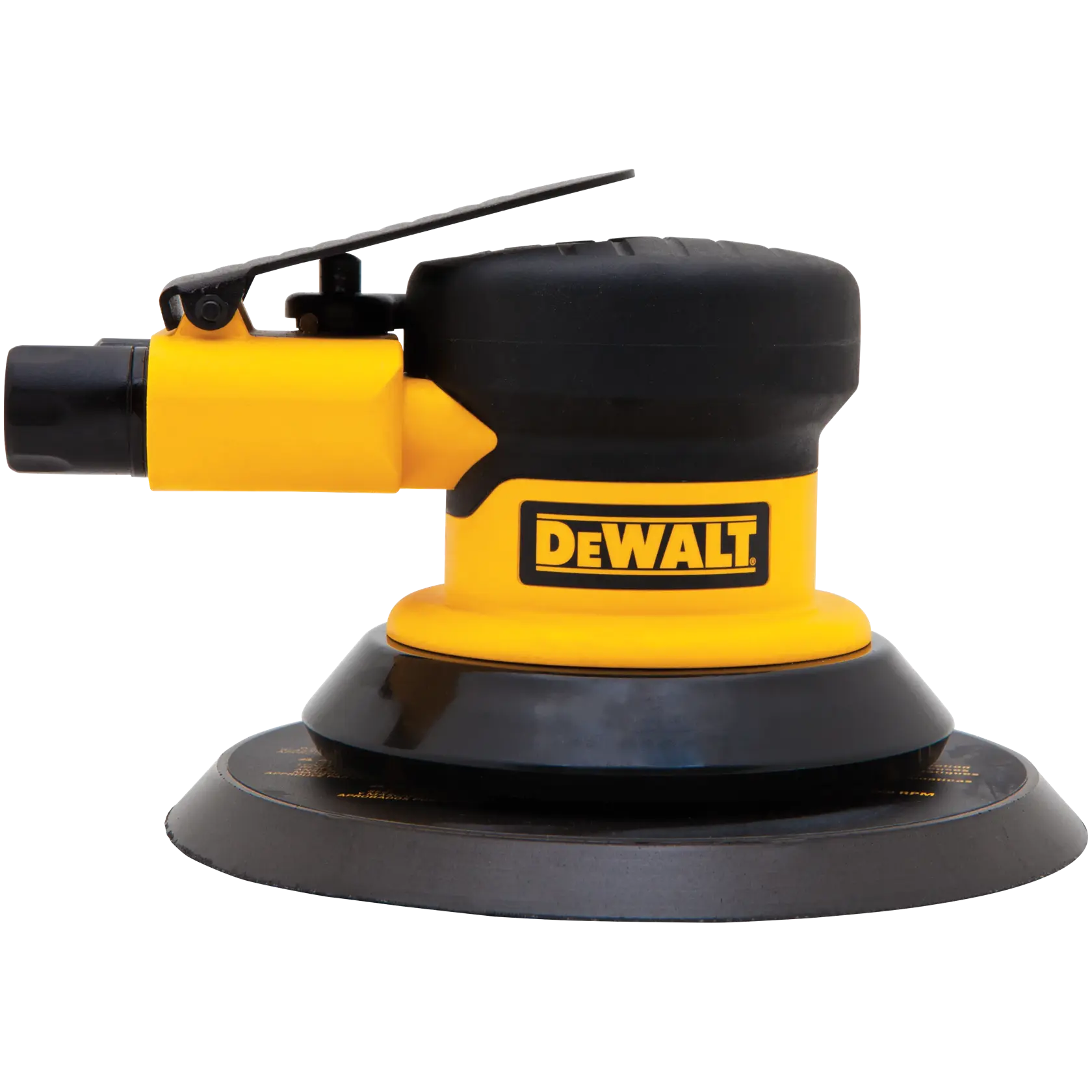 A DEWALT brand pneumatic orbital sander with a yellow and black body, shown from the side against a white background.
