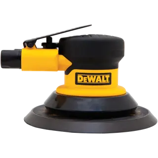 A DEWALT brand pneumatic orbital sander with a yellow and black body, shown from the side against a white background.