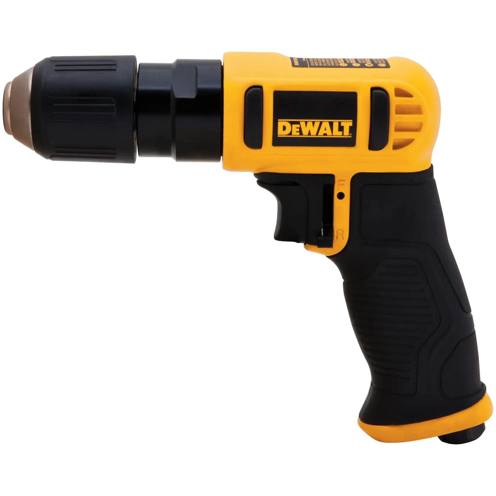 A DEWALT branded pneumatic drill with a yellow and black ergonomic handle, viewed from the side on a white background.