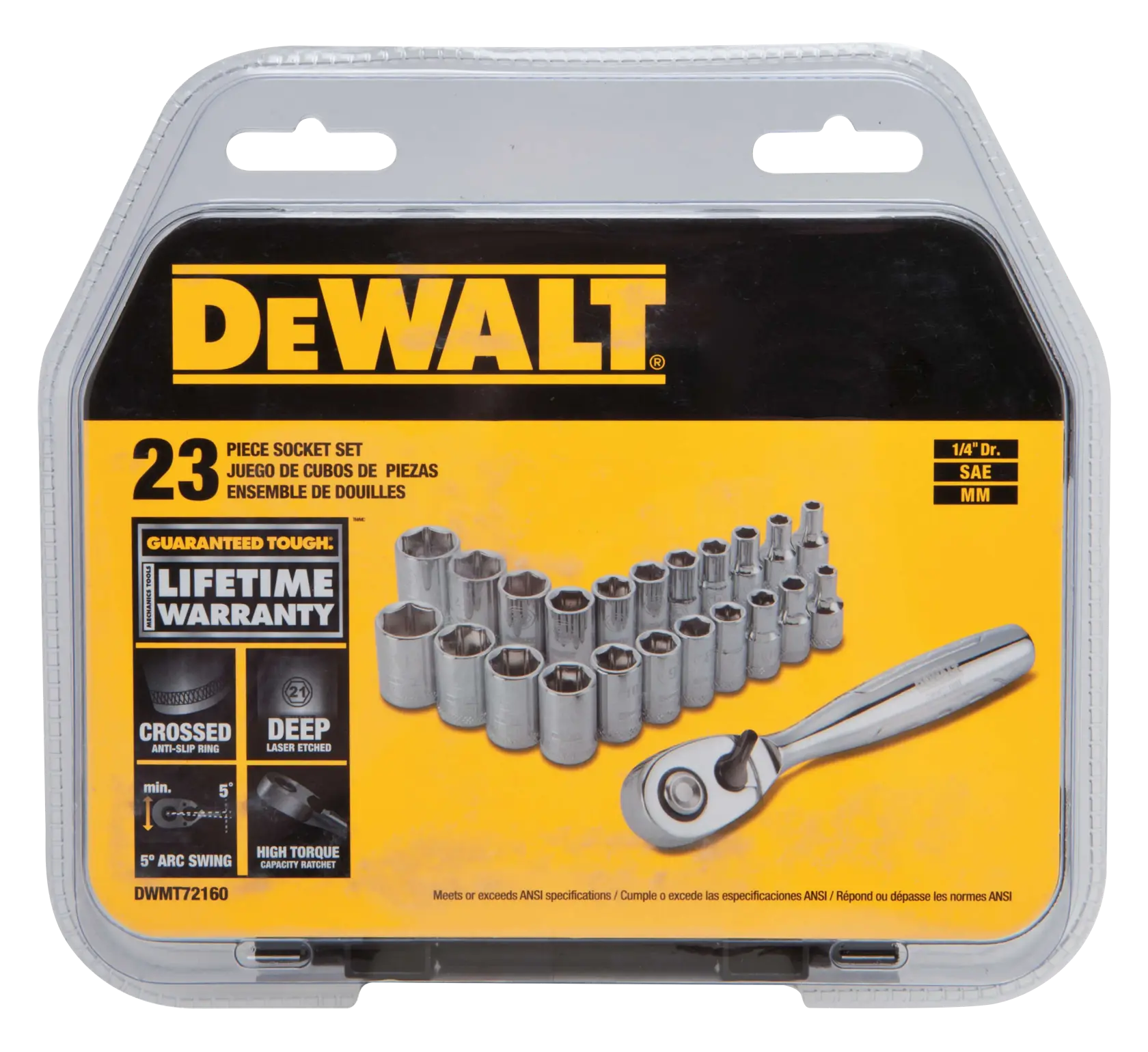 Profile of 23 piece DEWALT drive socket set.