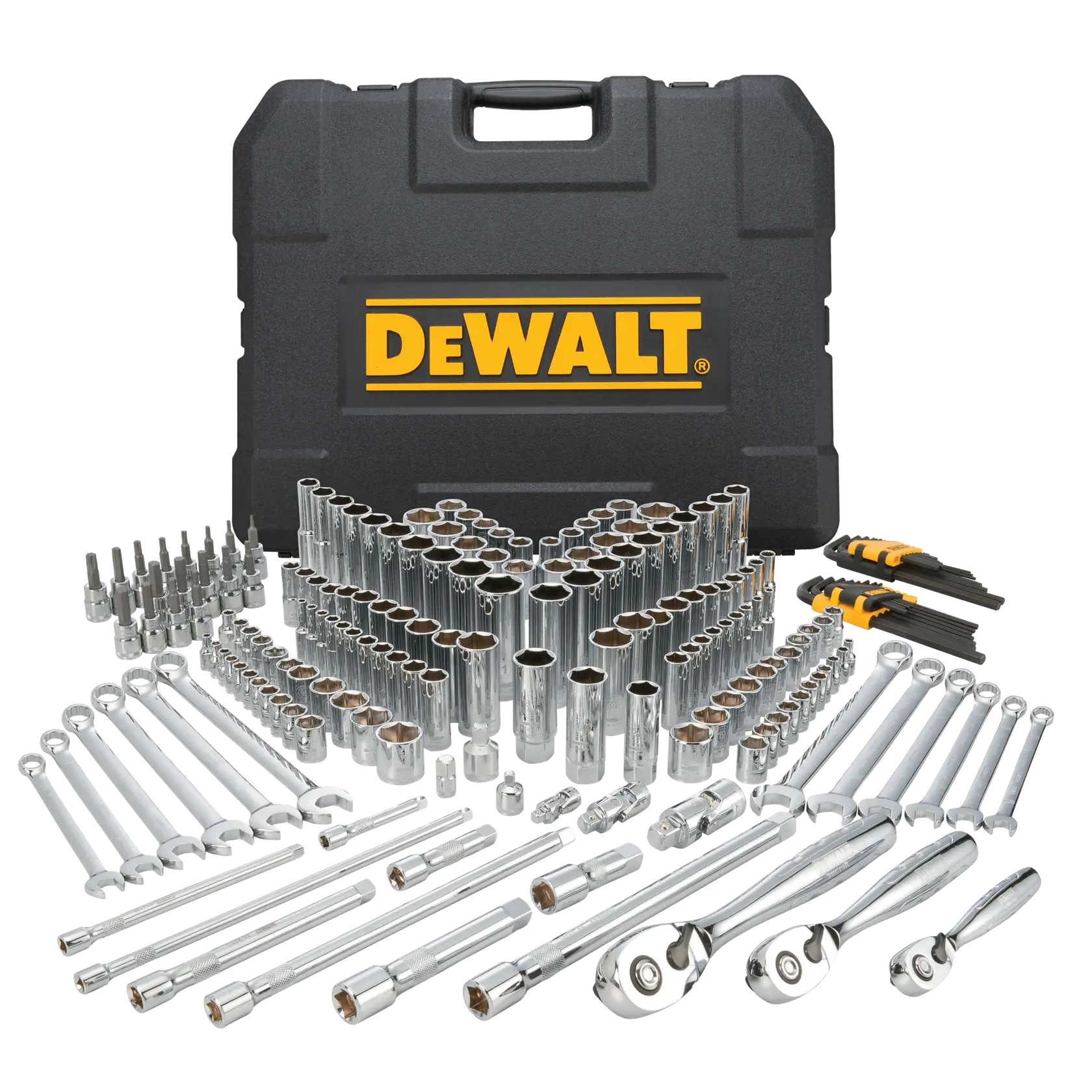 Profile of DEWALT 204 piece mechanics tool set.