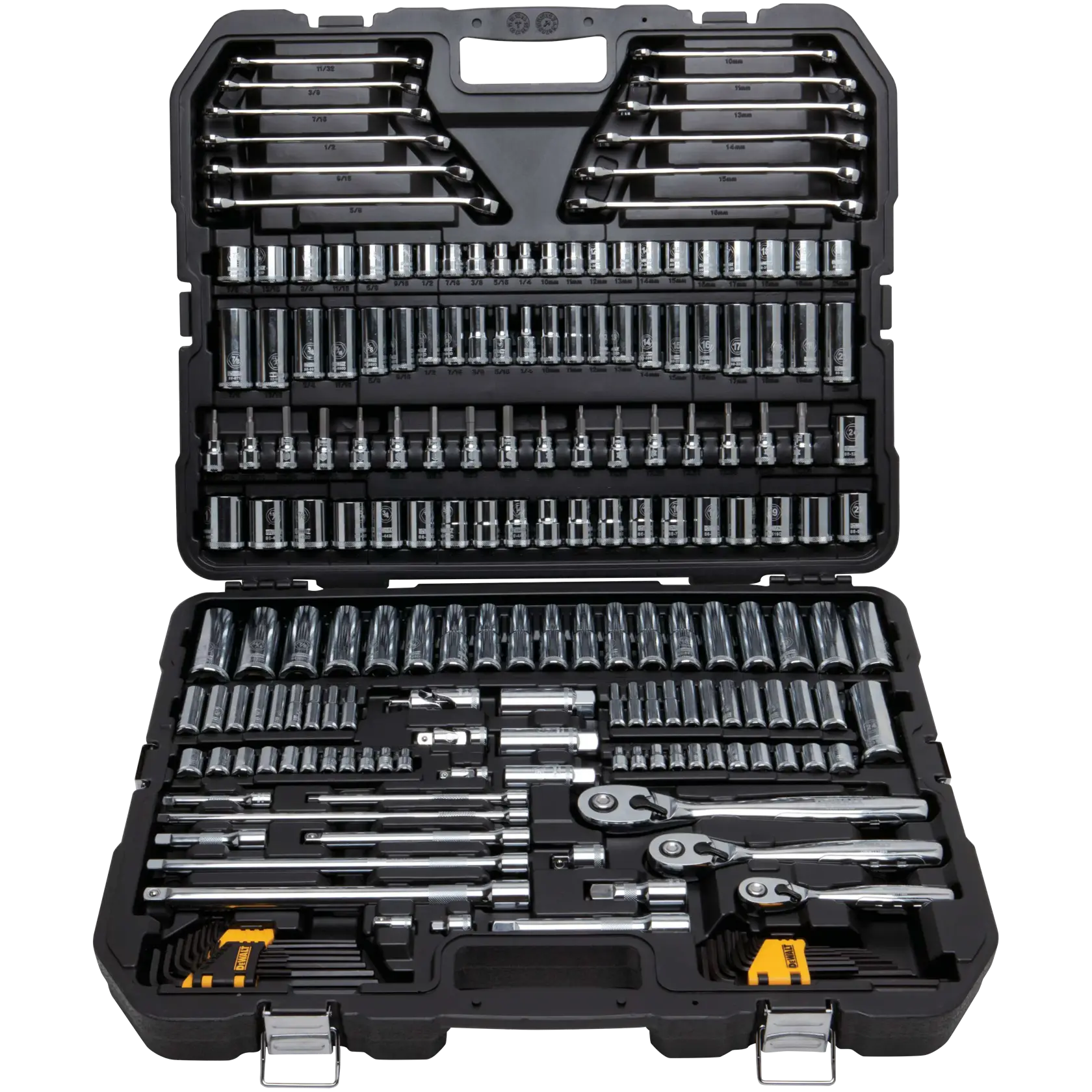 Profile of DEWALT 204 piece mechanics tool set assembled in its case.
