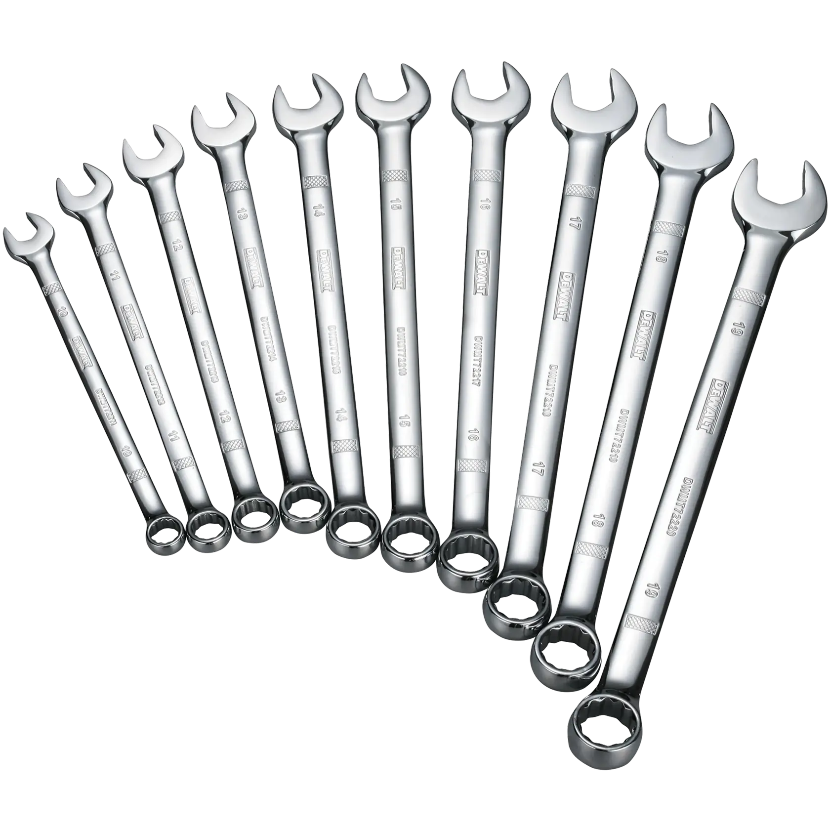 Profile of DEWALT 10 piece combination metric wrench set.
