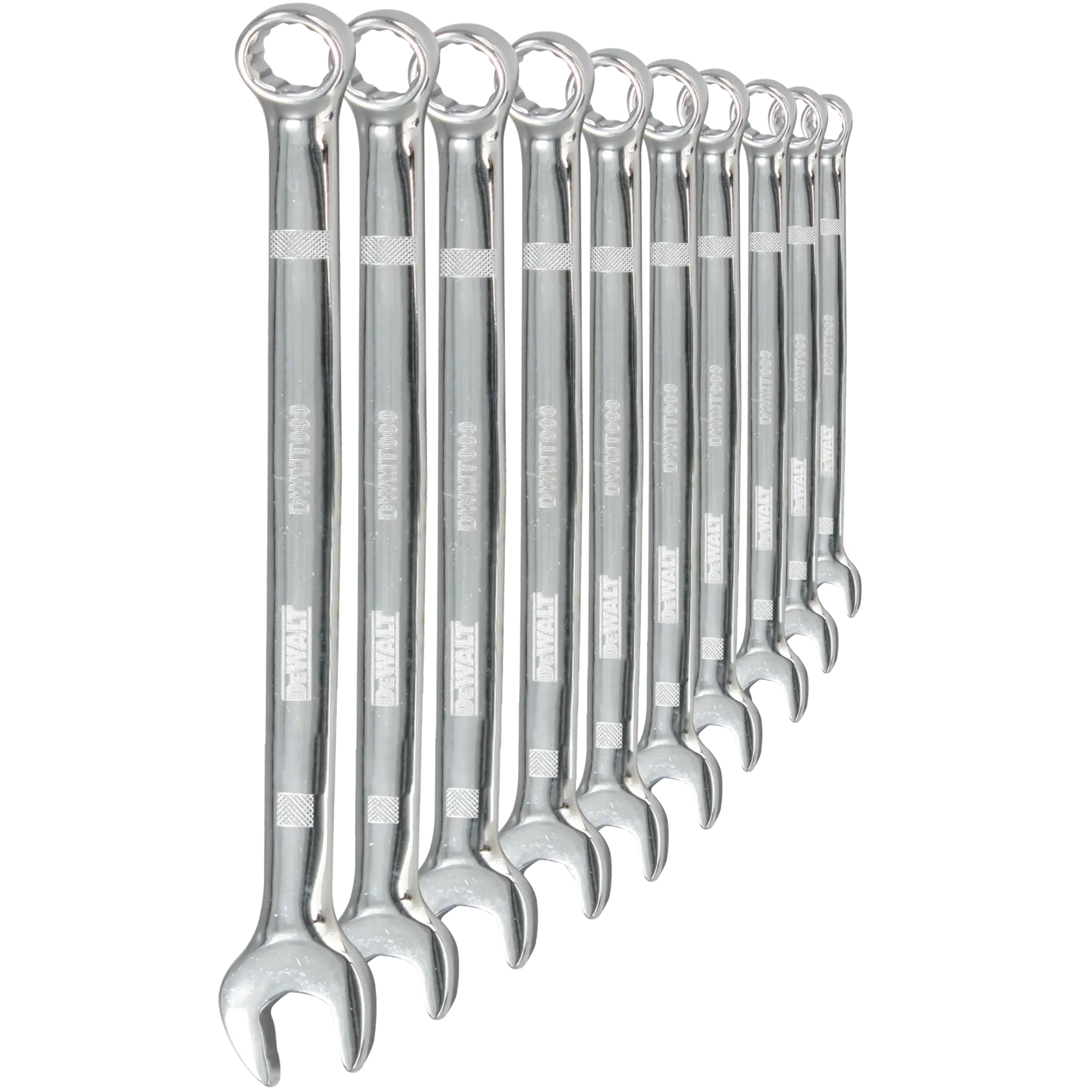 Side view of DEWALT 10 piece combination metric wrench set.