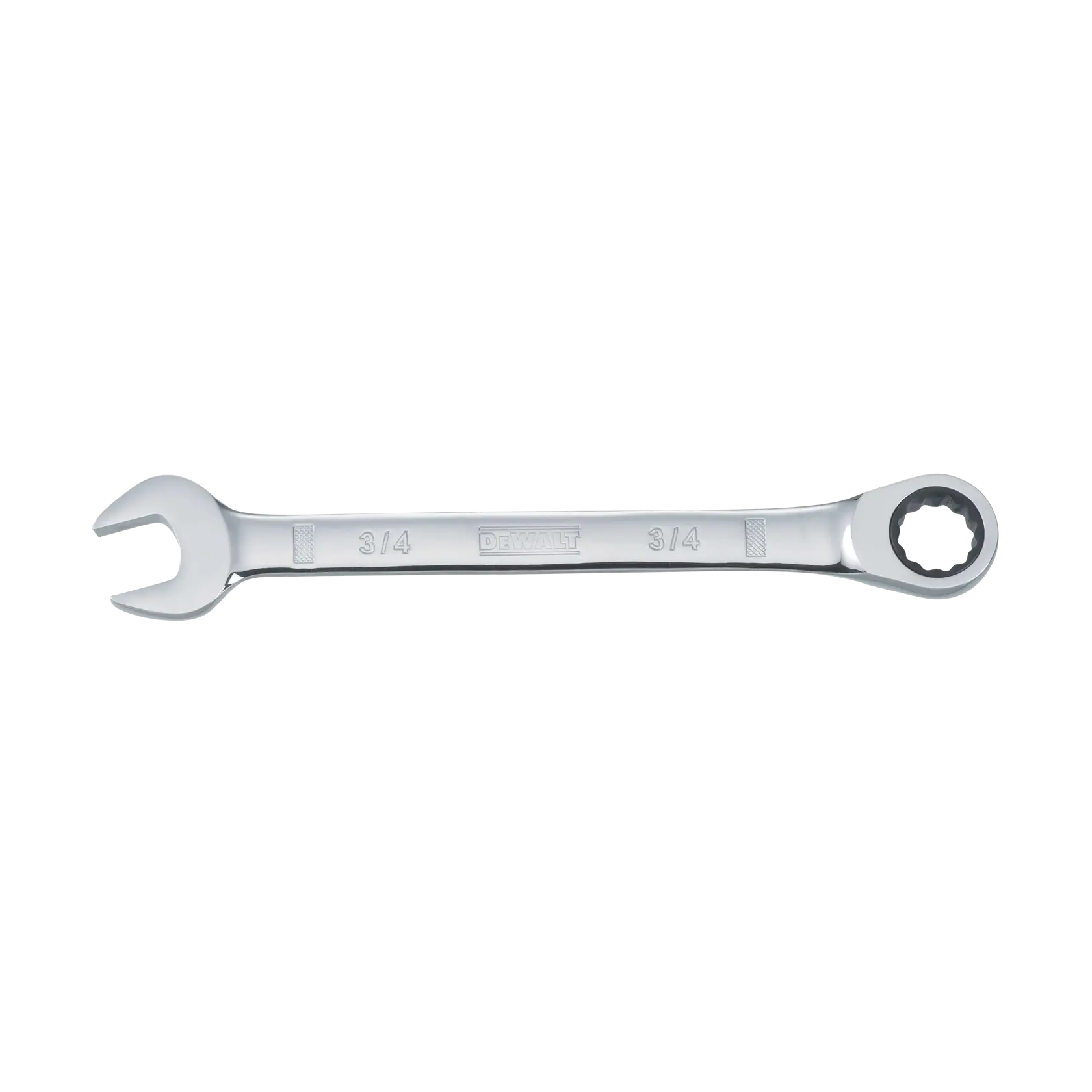 A DEWALT 3/4 inch ratcheting combination wrench with an open end on one side and a ratcheting box end on the other, shown against a white background.