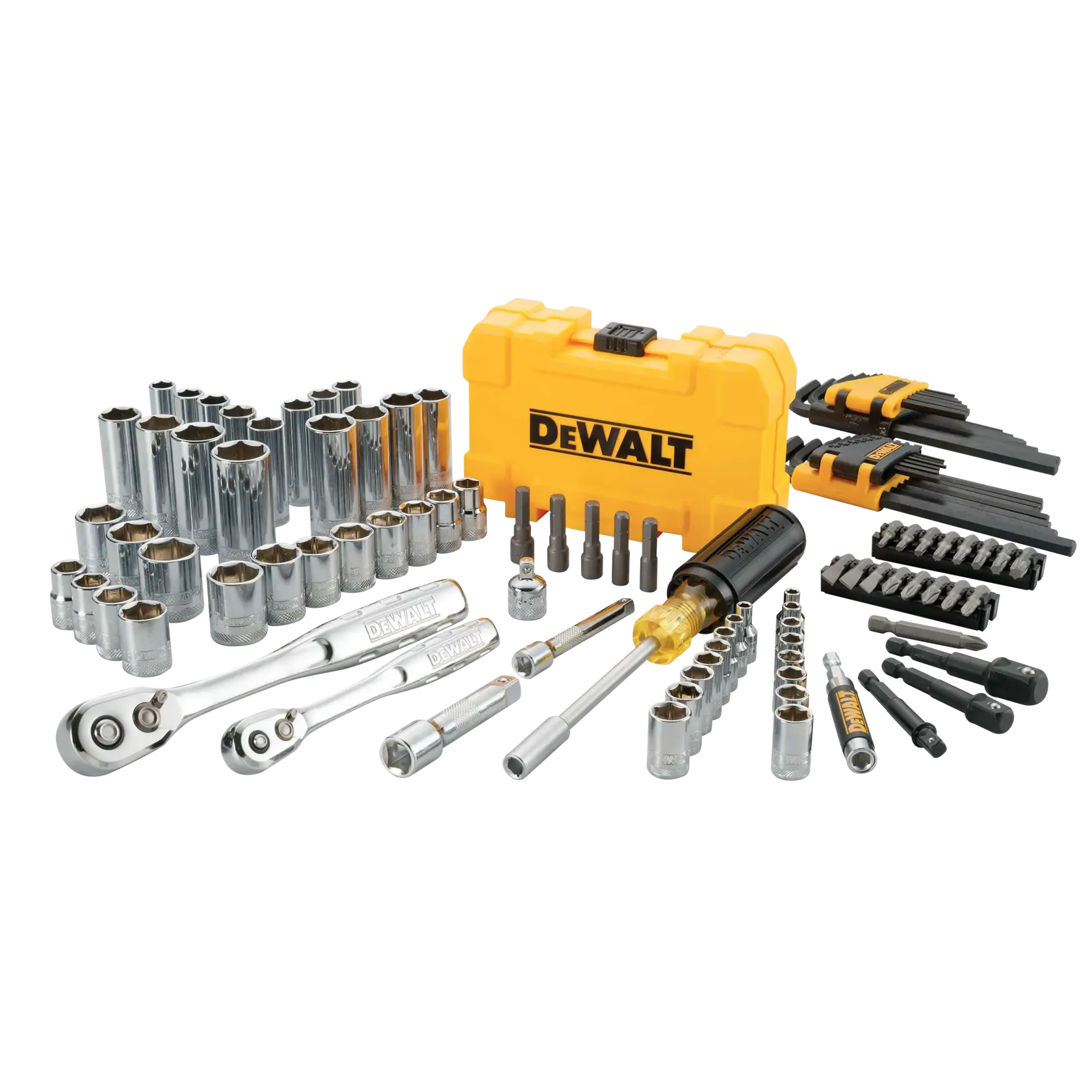 Profile of DEWALT 108 piece drive mechanics tools set.
