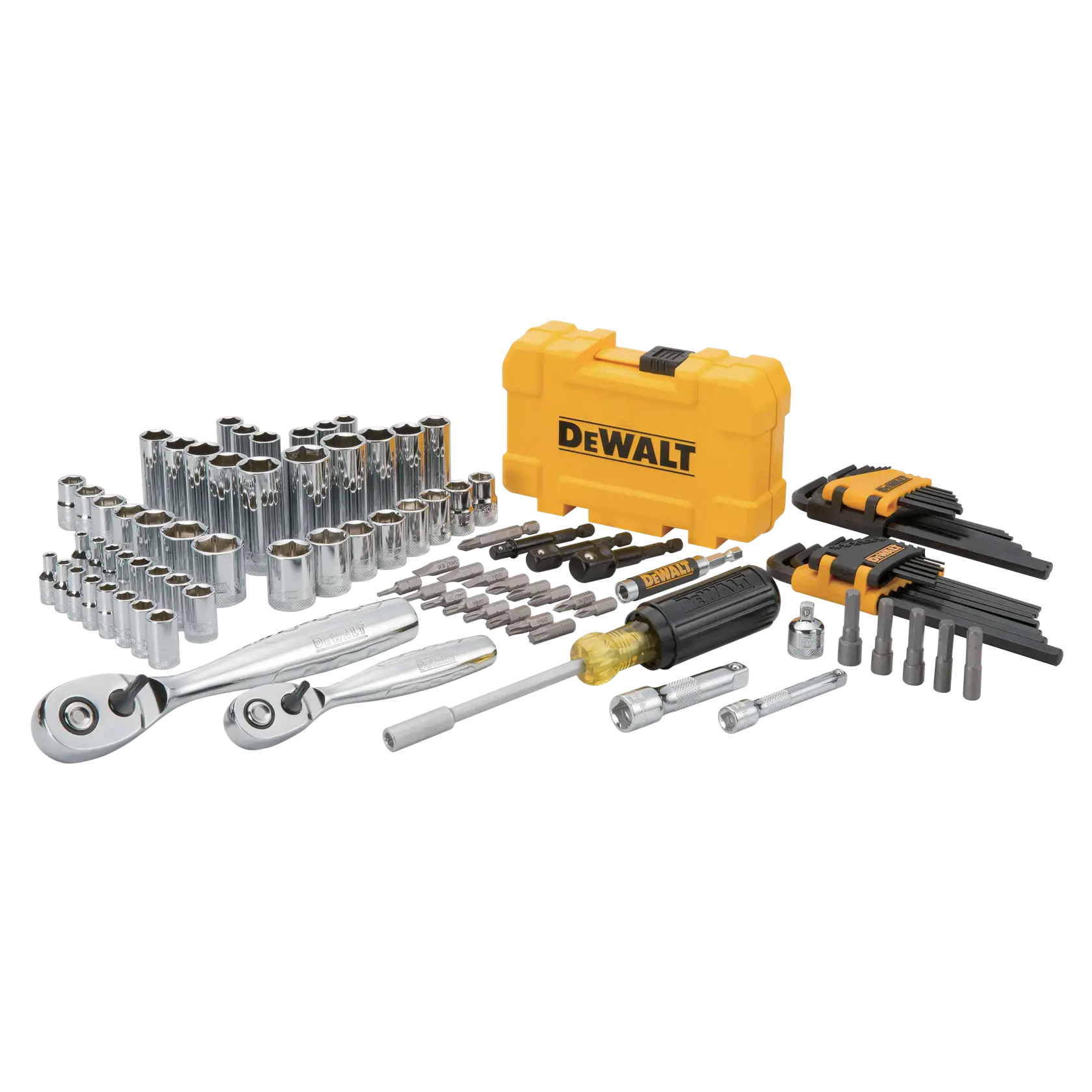 Profile of DEWALT 108 piece drive mechanics tools set.