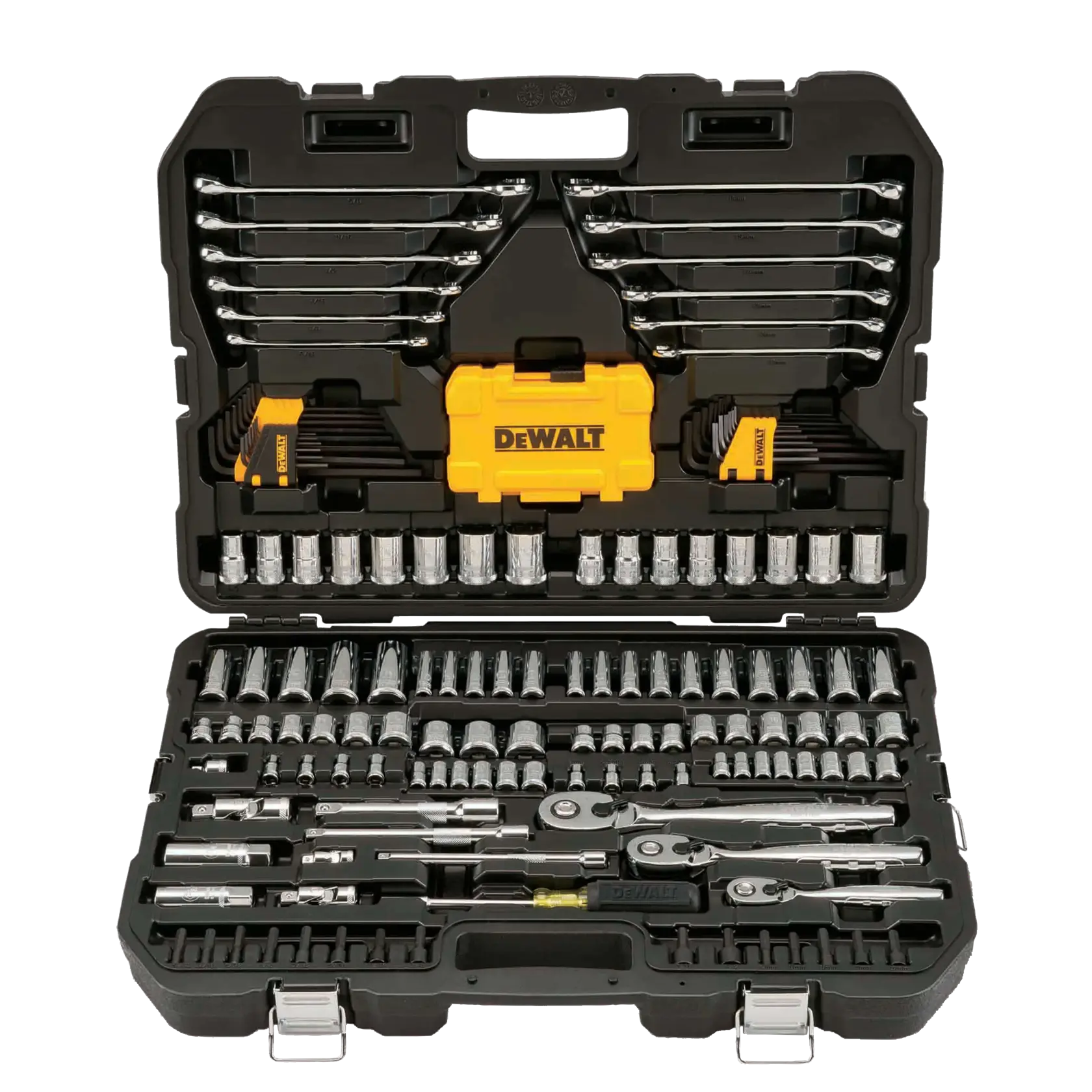 Profile of DEWALT 168 piece mechanics tools set assembled in its case.