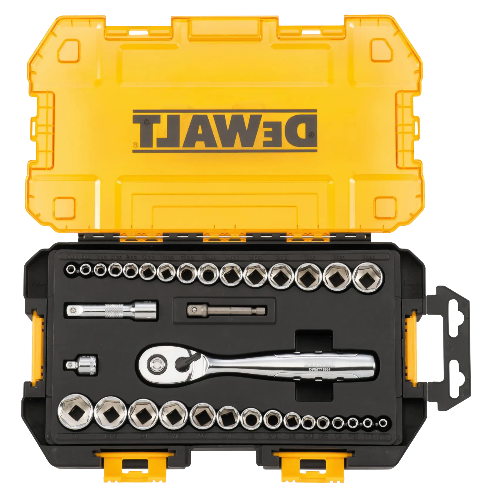 A yellow DEWALT-branded plastic case containing a socket and ratchet set. The set includes various sockets, a ratchet wrench, and extension bars, all arranged neatly in the case.