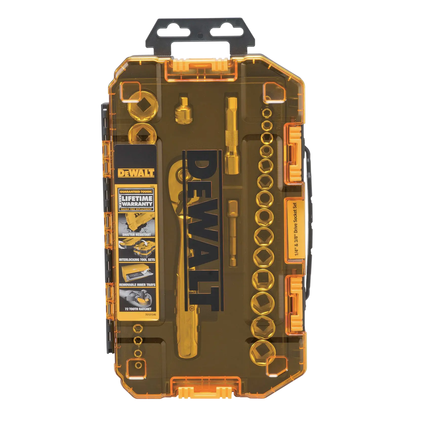 A DEWALT branded socket set in a yellow and black transparent plastic case. The case contains various sockets, a ratchet, and extensions, organized neatly with labeling visible on the front. The packaging details features like lifetime warranty, shatter resistance, interlocking tool sets, and removable inner trays.