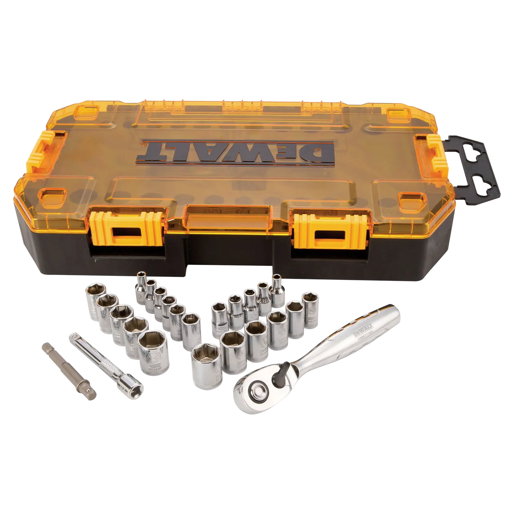 A DEWALT socket and ratchet set with a yellow and black plastic carrying case. The set includes a ratchet and various metal sockets arranged in front of the case.