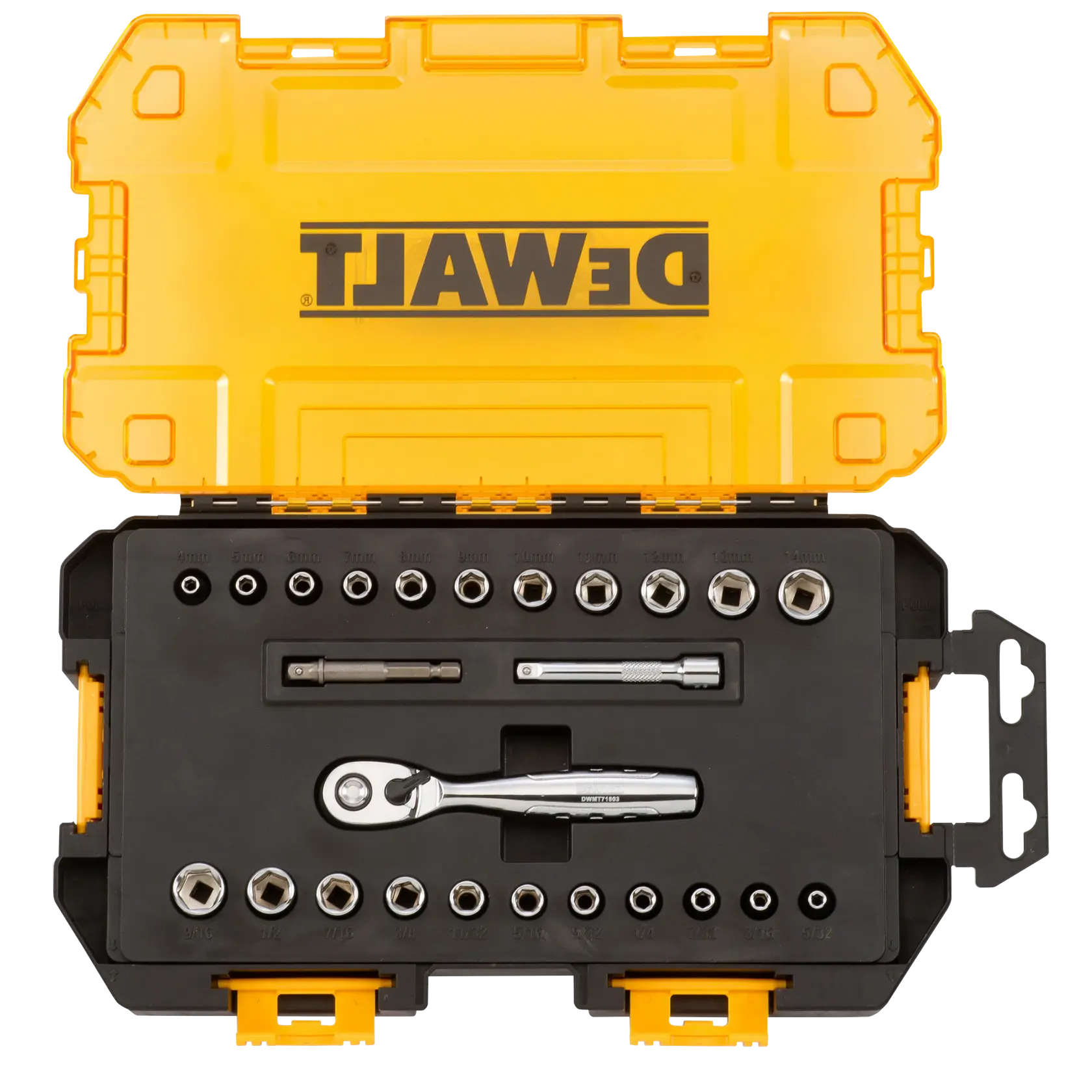 A DEWALT branded yellow and black hard case containing a socket wrench set, including various socket sizes, a ratchet handle, and two extension bars, neatly organized in foam cutouts.