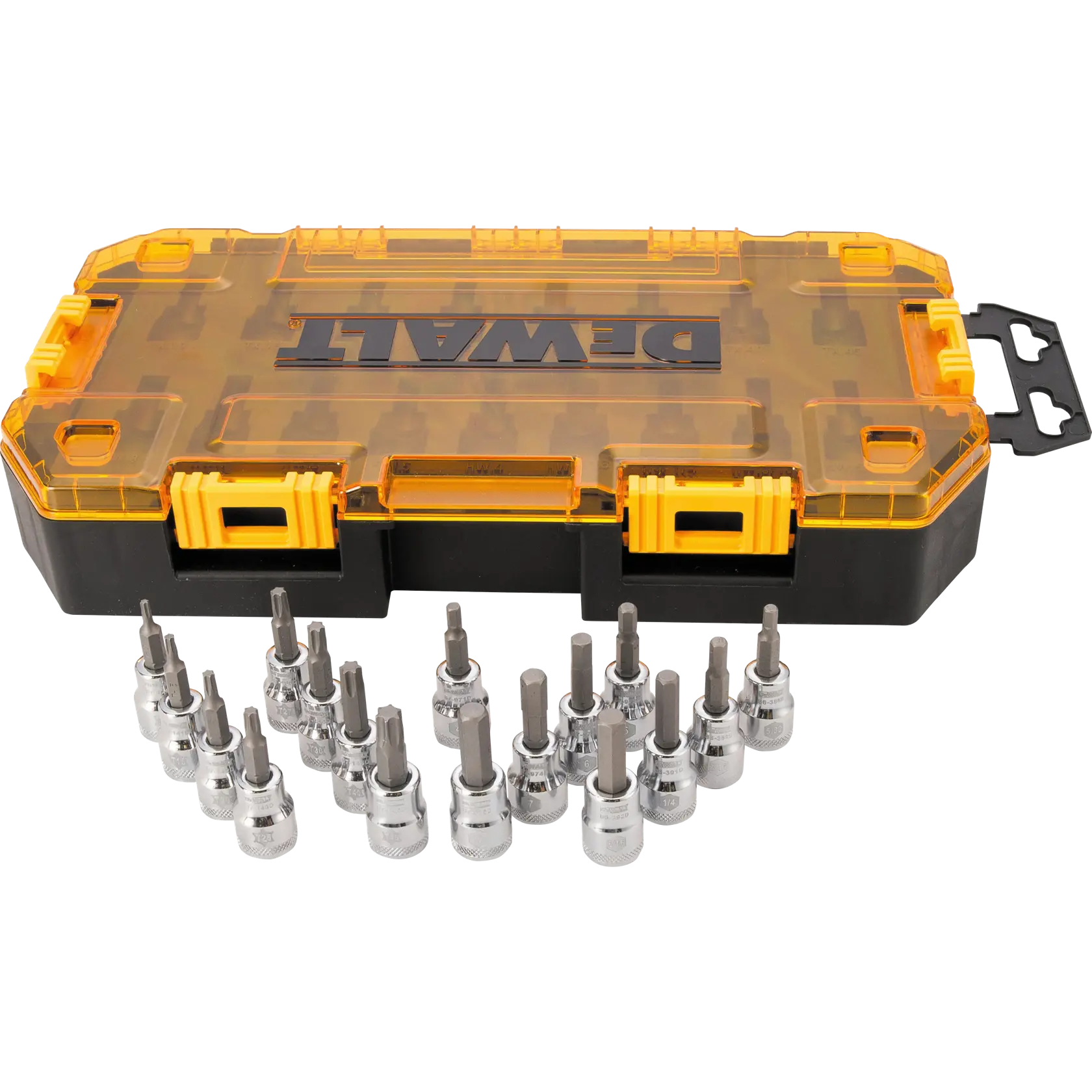Profile of DEWALT 17 piece inch drive bit socket set with its case.