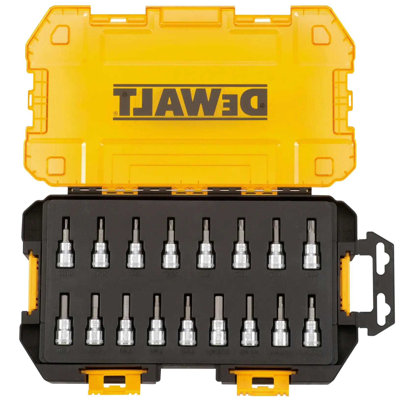 Overhead view of DEWALT 17 piece drive bit socket set assembled in its case.