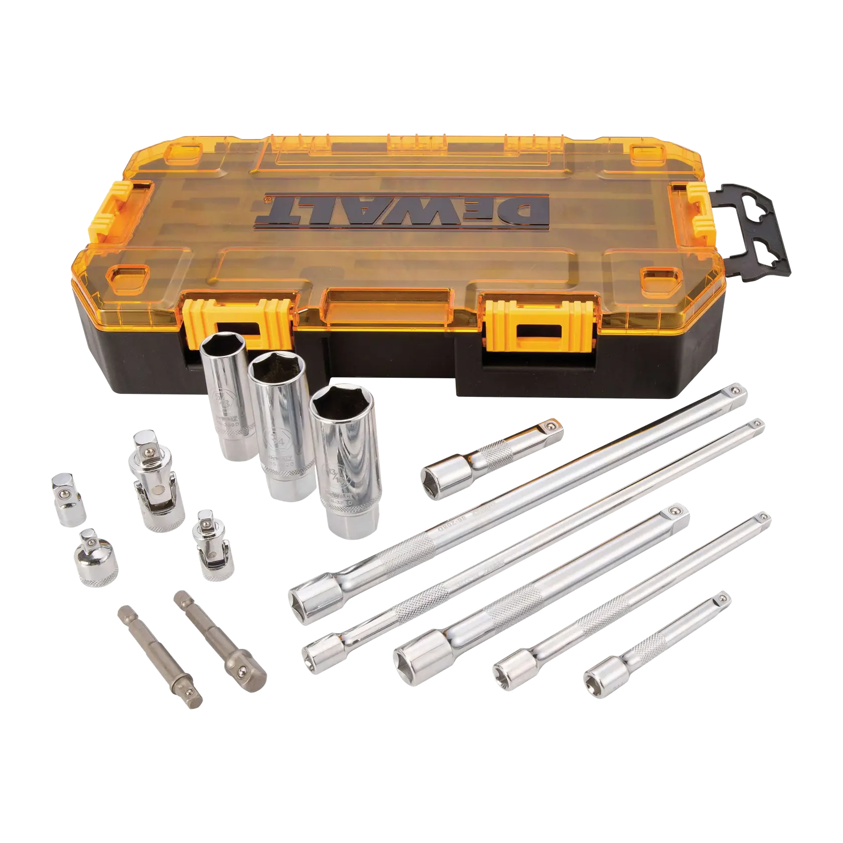 A DEWALT socket and extension set with a yellow and black hard plastic storage case, featuring various chrome socket extensions, adapters, and deep sockets arranged in front of the case.