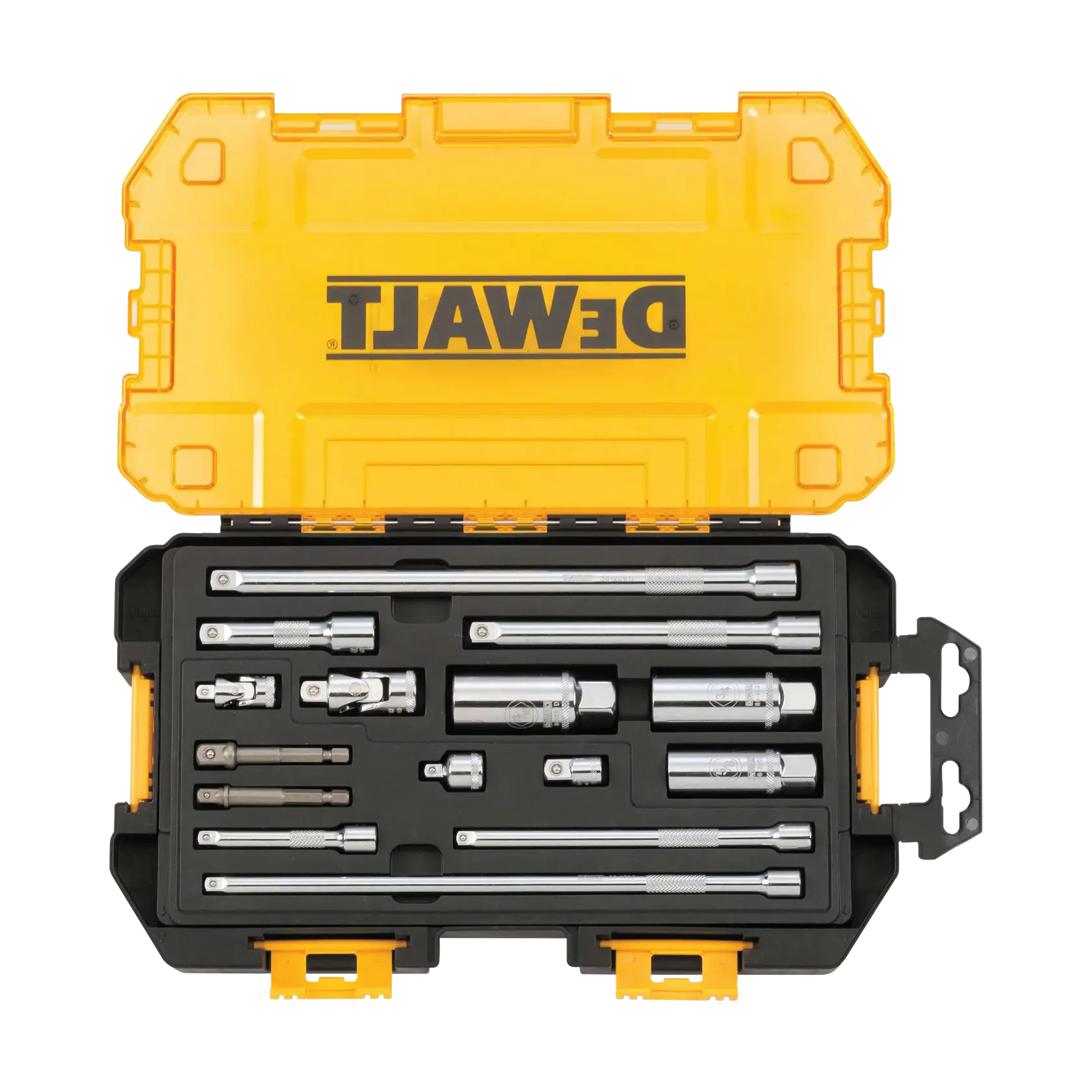 A DEWALT-branded yellow and black tool case open to display a set of chrome-finished socket extensions and adapters arranged neatly inside.