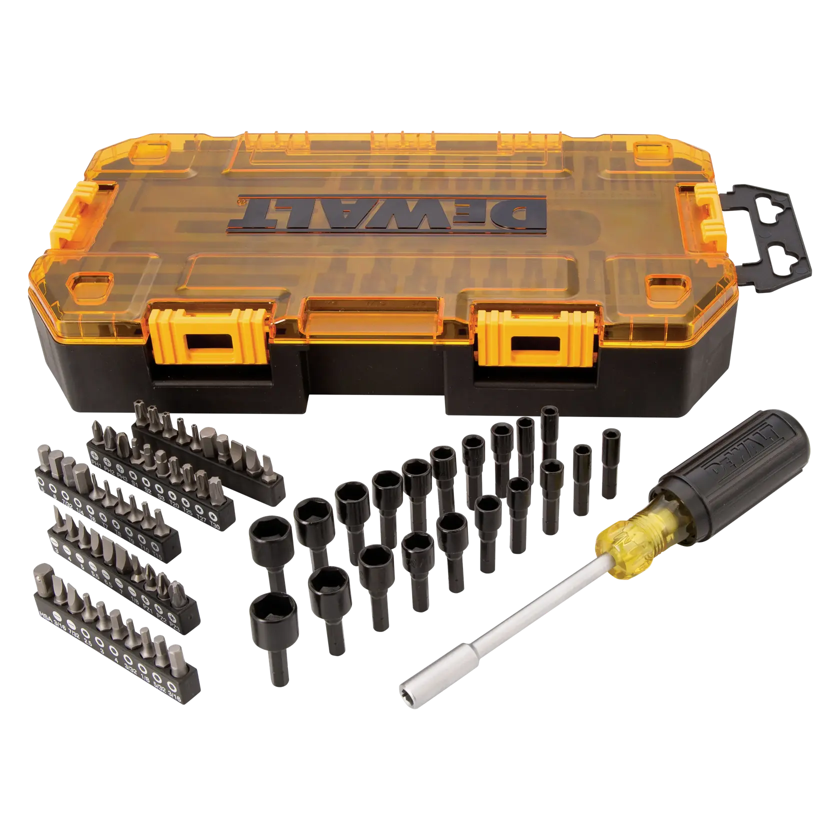 Profile of DEWALT 70 piece multi bit and nut driver set with its case.