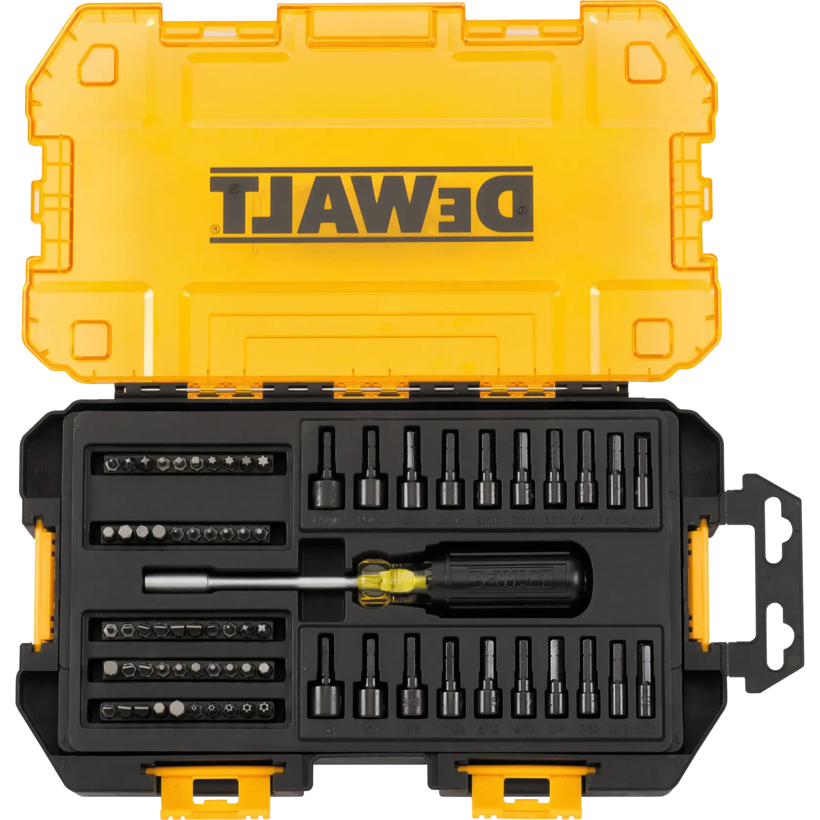 Overhead view of DEWALT 70 piece multi bit and nut driver set assembled in its case.