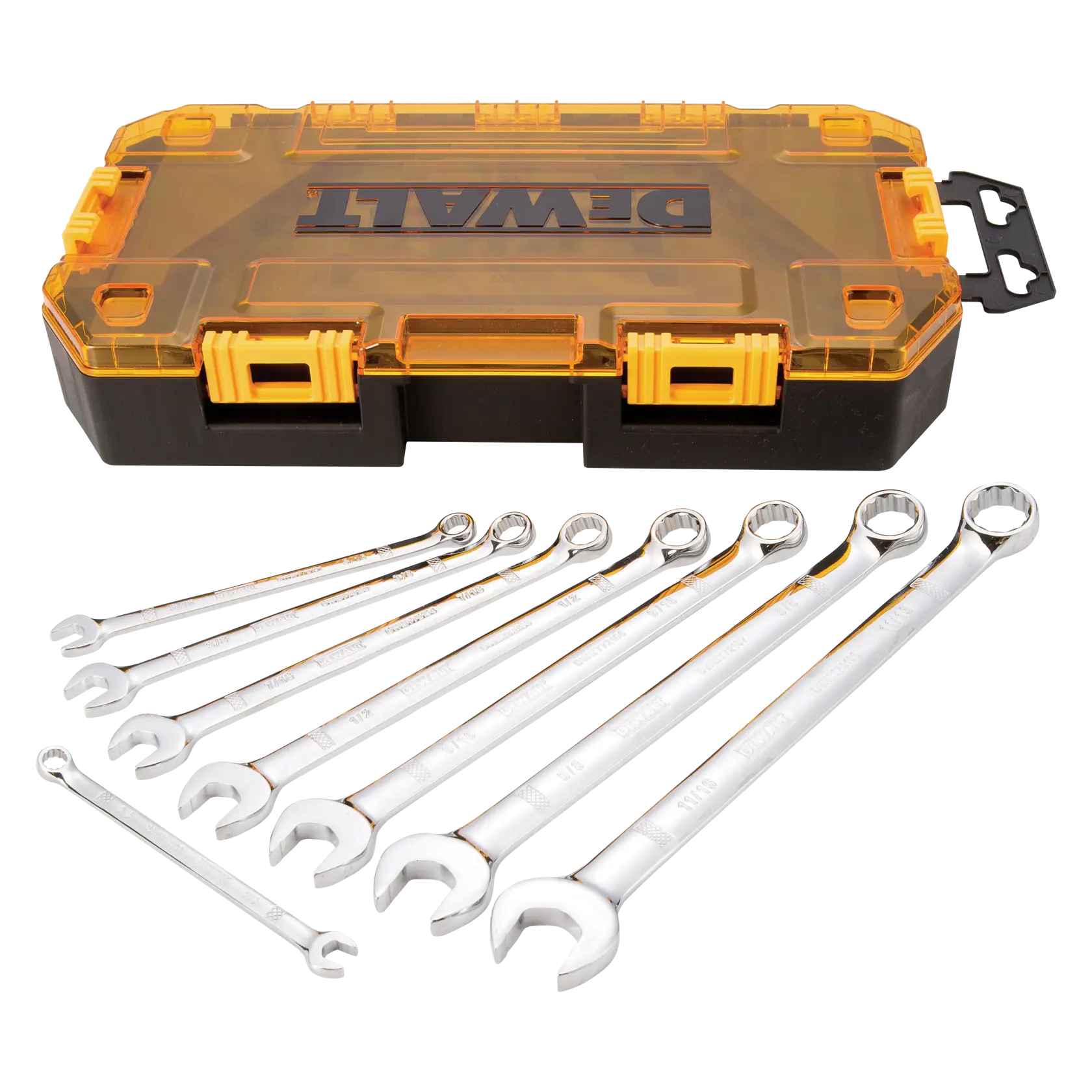 Profile of DEWALT 8 piece combination wrench set with its case.