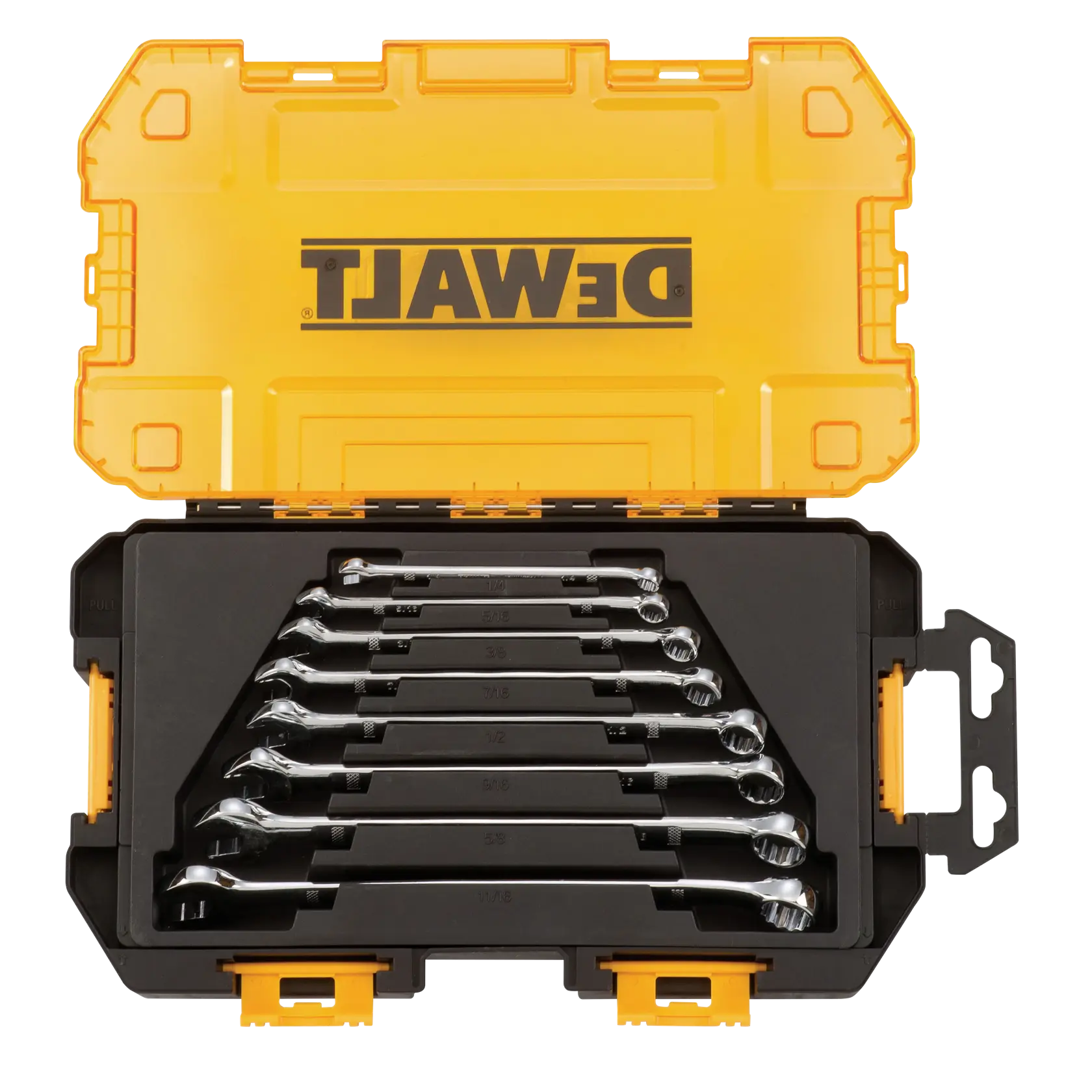 Overhead view of DEWALT 8 piece combination wrench set assembled in its case.