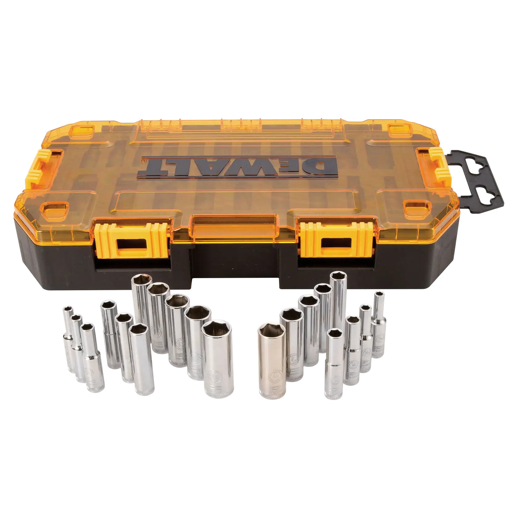Profile of DEWALT 20 piece a quarter inch drive deep combination socket set with its case.