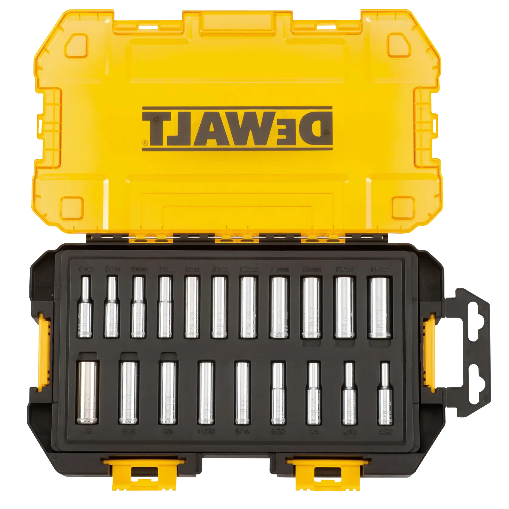 Overhead view of DEWALT 20 piece a quarter inch drive deep combination socket set assembled in its case.