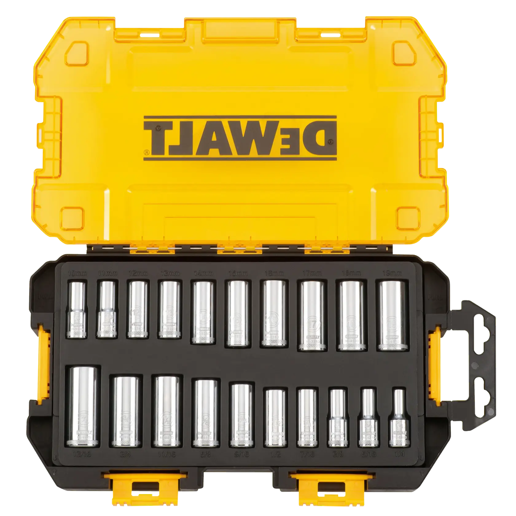Overhead view of DEWALT 20 piece 3 eighths inch drive deep combination socket set assembled in its case.