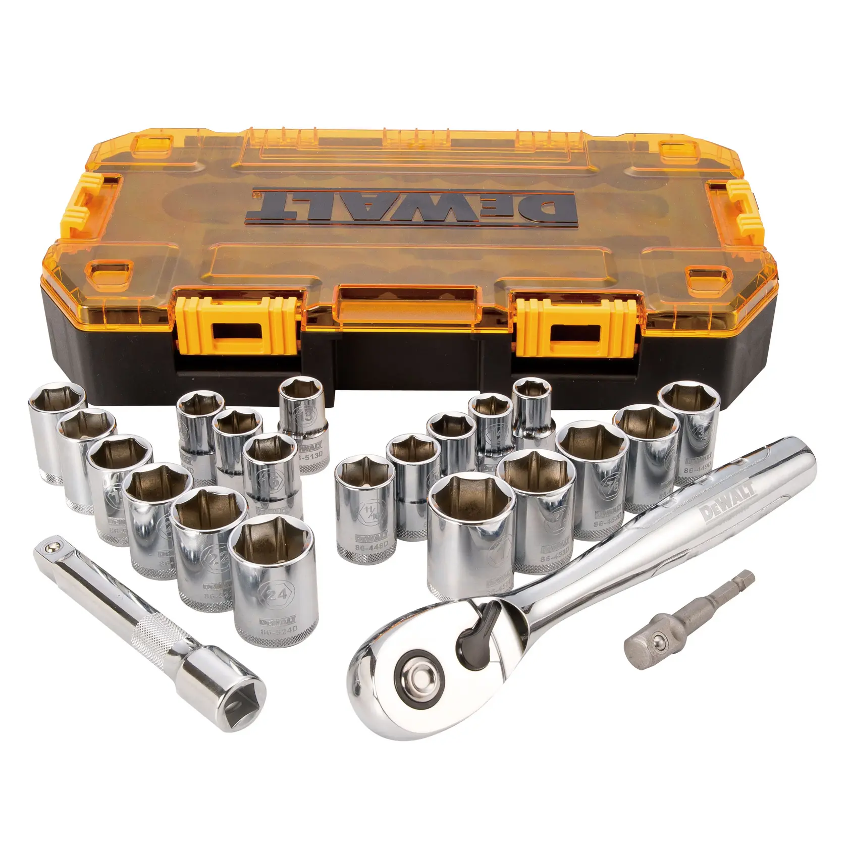 A DEWALT branded yellow and black hard case containing a socket set. The set includes a ratchet, extension bars, and multiple sockets of various sizes, organized neatly inside the case.