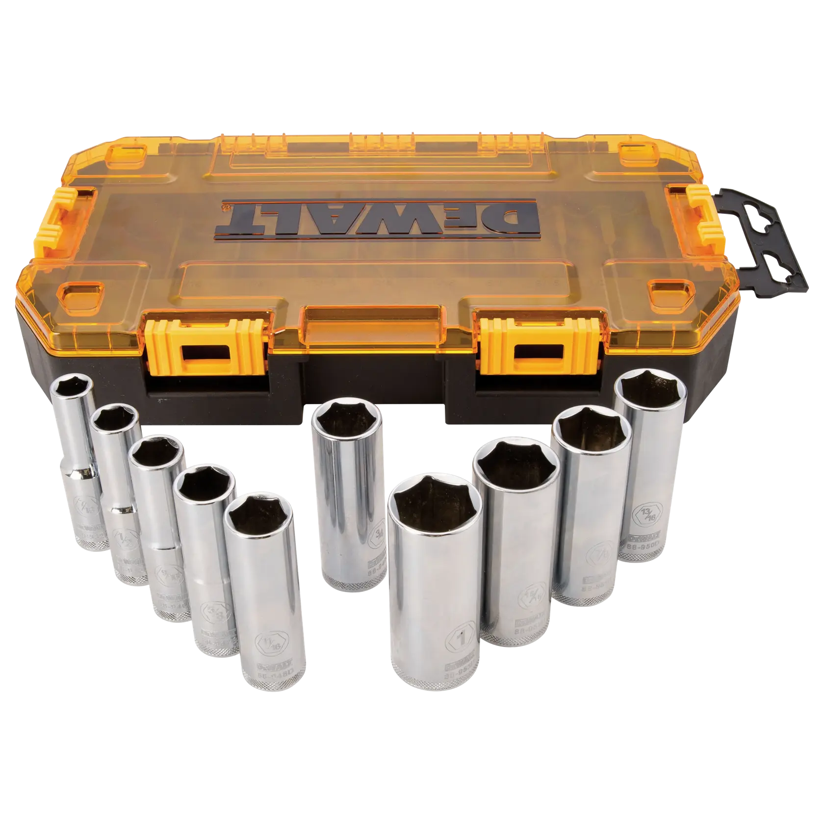 DEWALT socket set with nine shiny chrome sockets displayed in front of a yellow and black hard plastic carrying case.