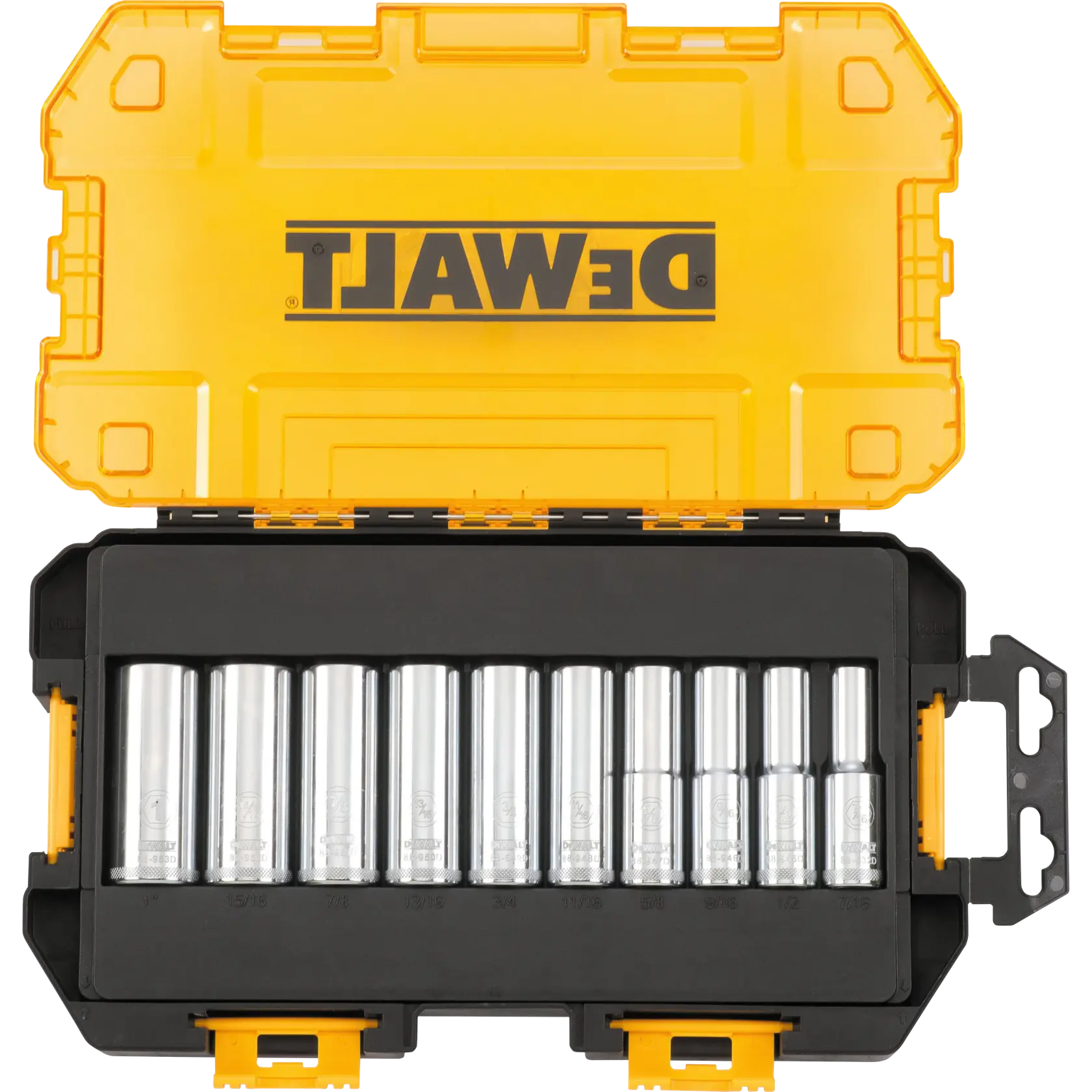 A yellow DEWALT branded hard case containing a set of twelve silver socket tools, each arranged neatly in a black molded tray with individual sizes labeled below each socket.