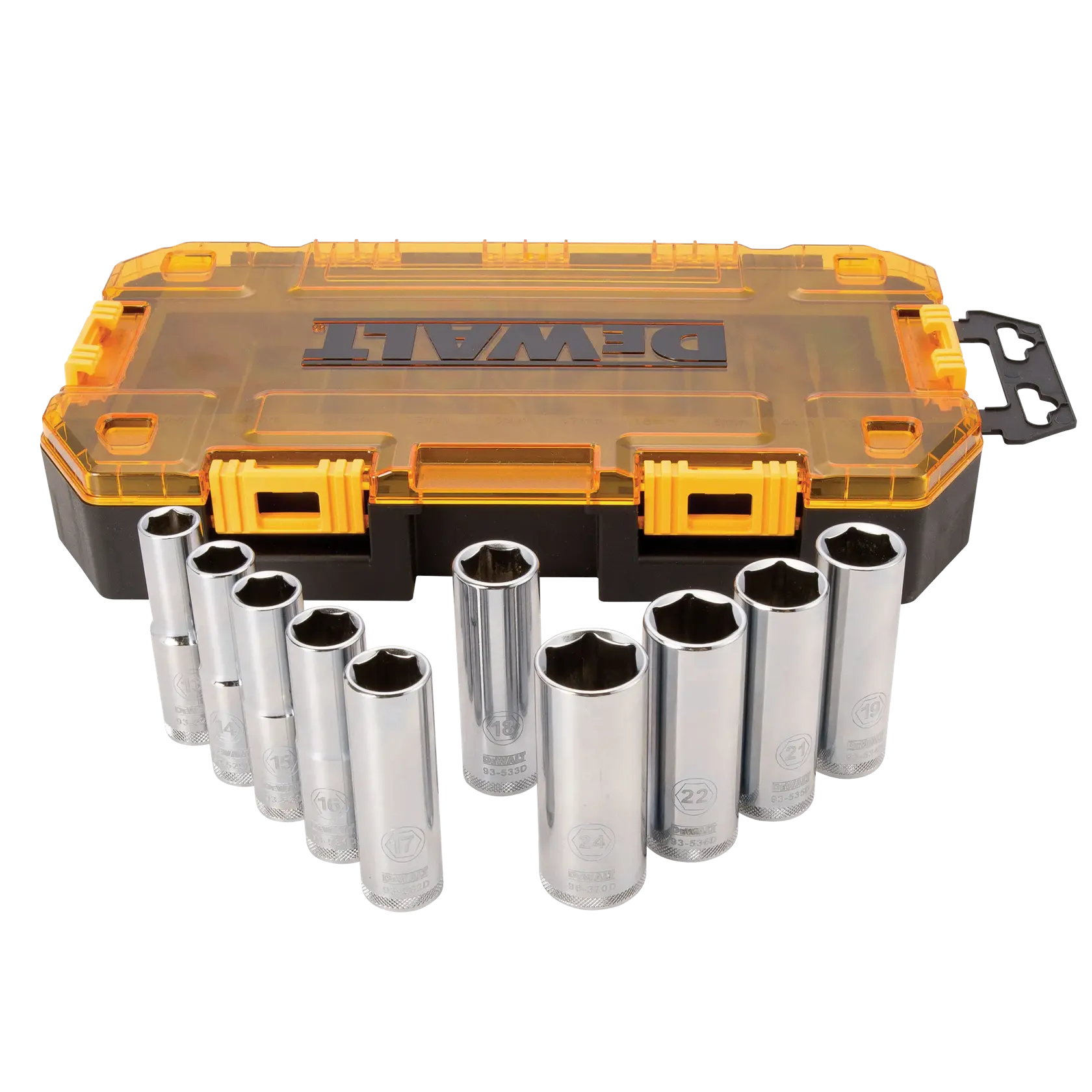 Profile of DEWALT 10 piece drive deep metric socket set with its case.