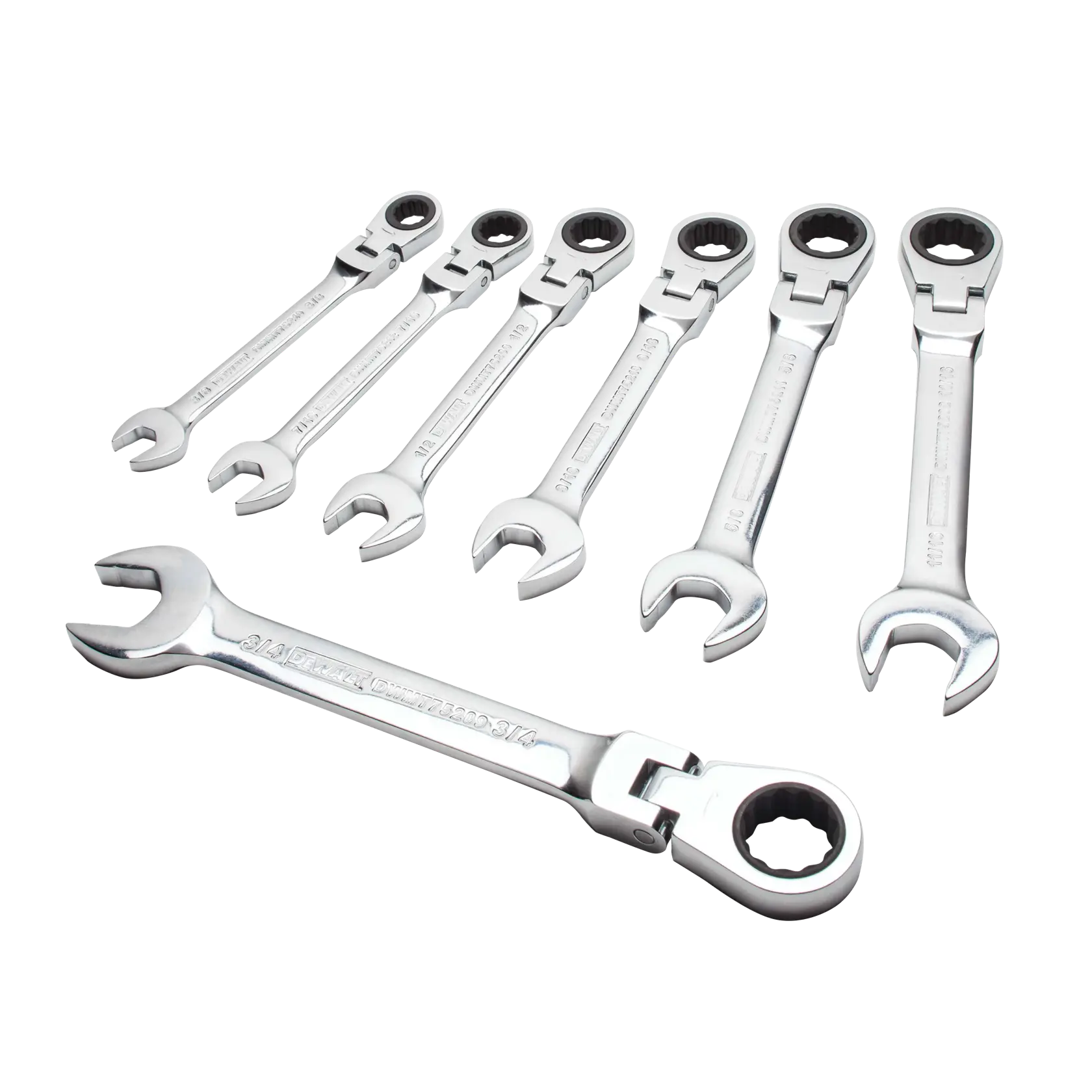 Profile of DEWALT 7 piece ratcheting flex head combination wrench set.