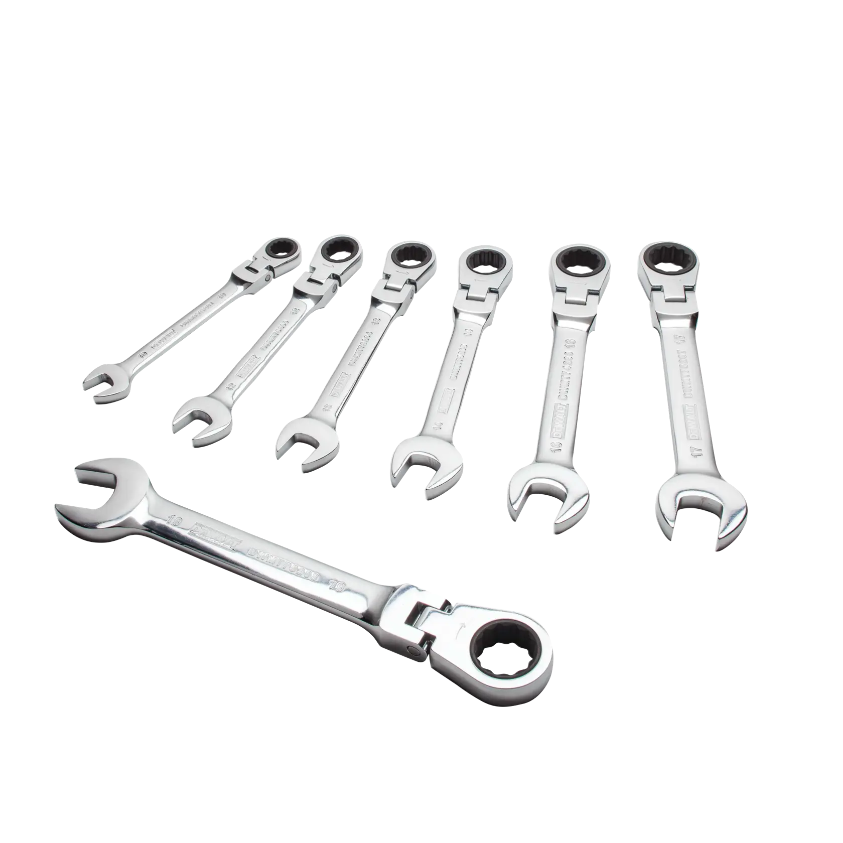 Profile of DEWALT 7 piece ratcheting flex head combination metric wrench set.