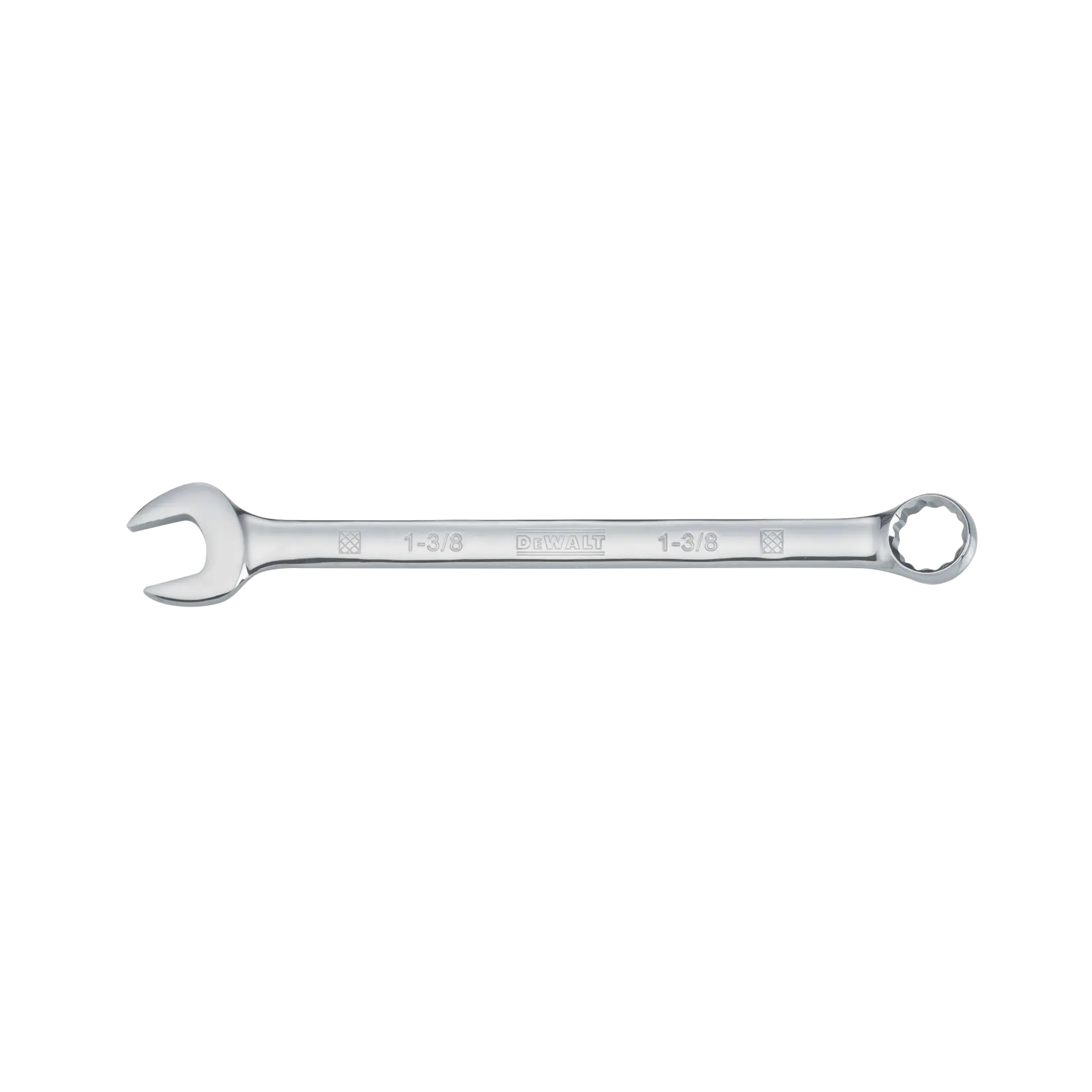 A DEWALT combination wrench with a 1-3/8 inch size, featuring an open end on one side and a closed, twelve-point ring end on the other. The wrench is made of polished metal and is laid out horizontally on a white background.