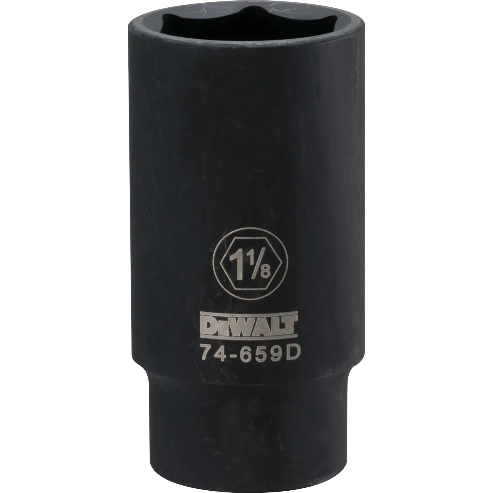 Impact socket 1 and 1 eighth in socket half in drive 6 point Cr 440 steel black oxide.