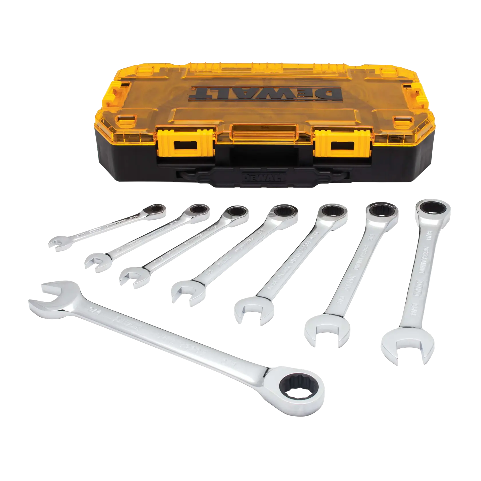 Profile of DEWALT 8 piece full polish ratcheting combination wrench set with its case.