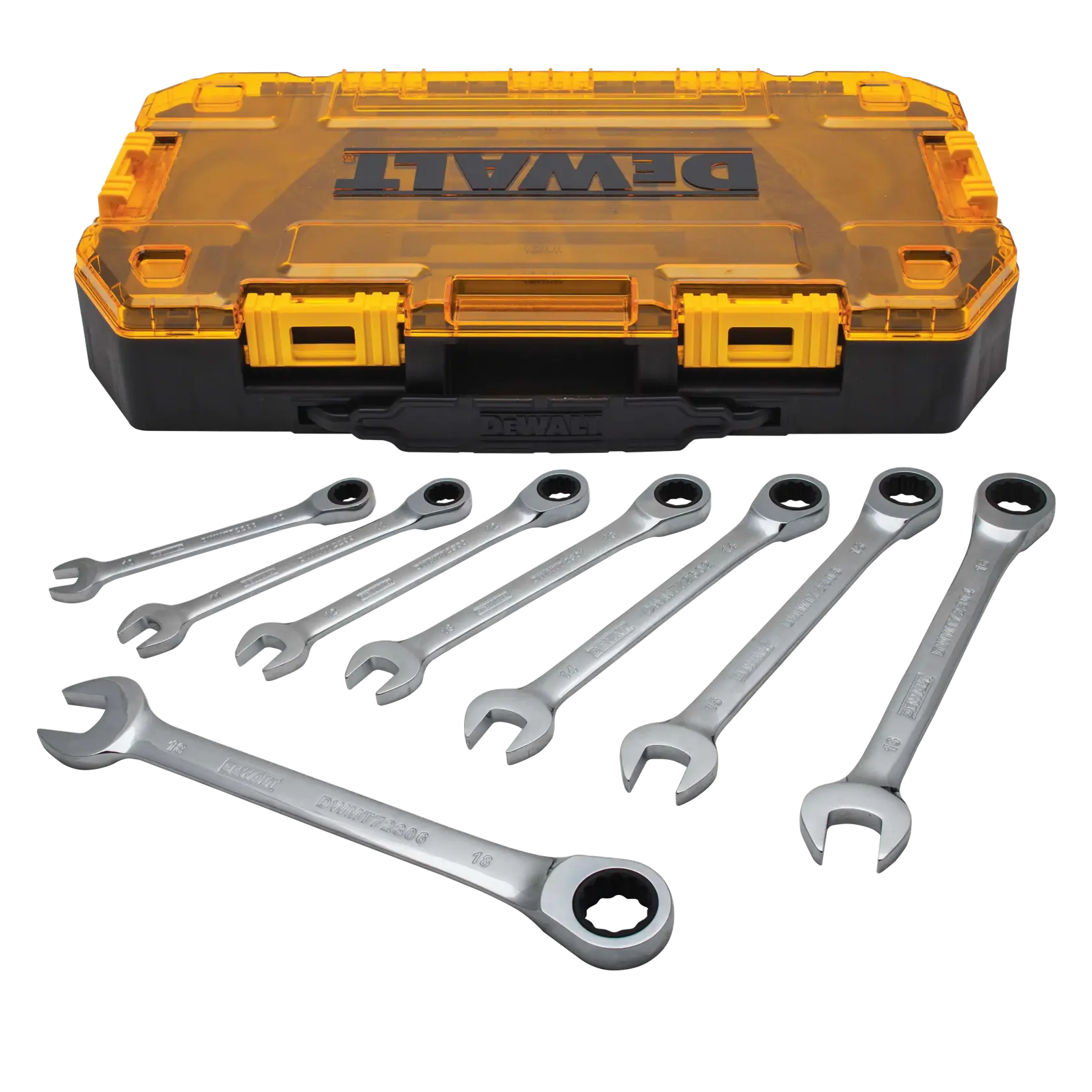 Profile of DEWALT 8 piece full polish ratcheting combination metric wrench set with its case.