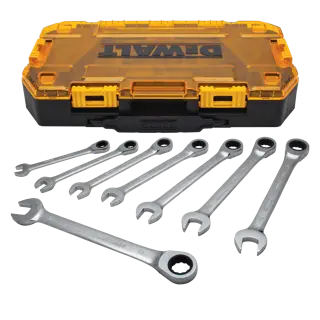 Profile of DEWALT 8 piece full polish ratcheting combination metric wrench set with its case.